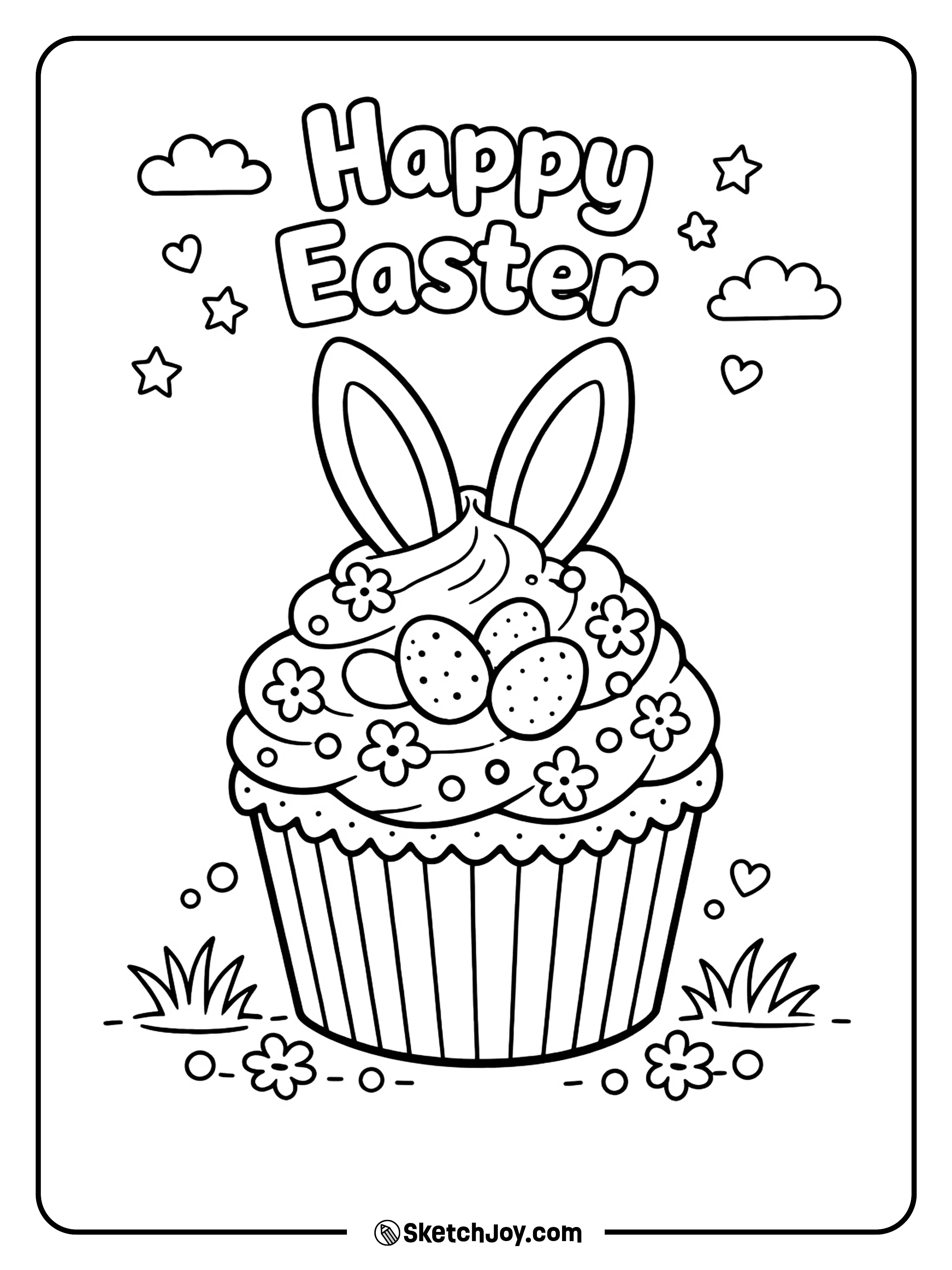 A fun cupcake has a bunny and eggs on top.