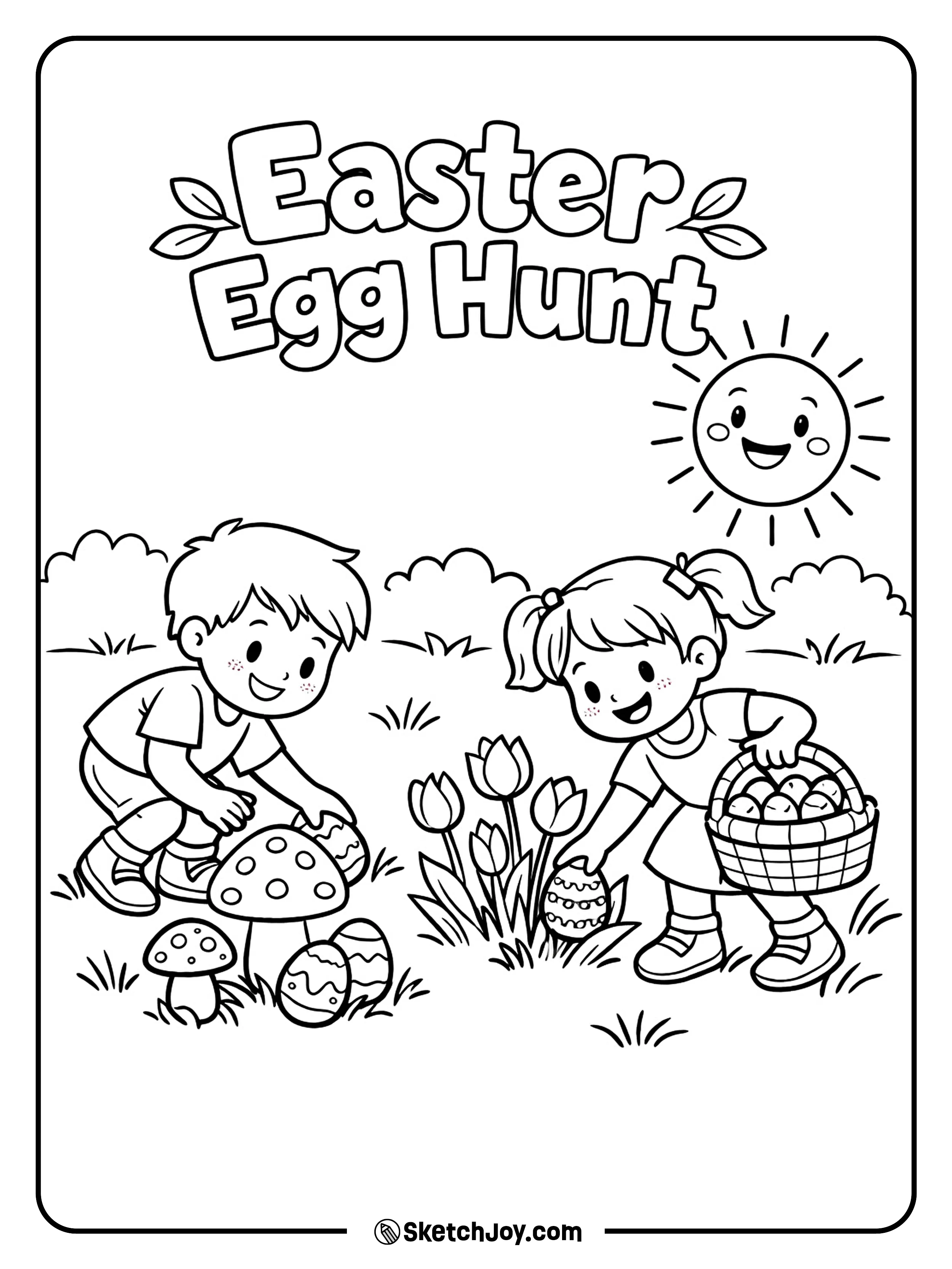 Two happy kids look for eggs in a spring garden.