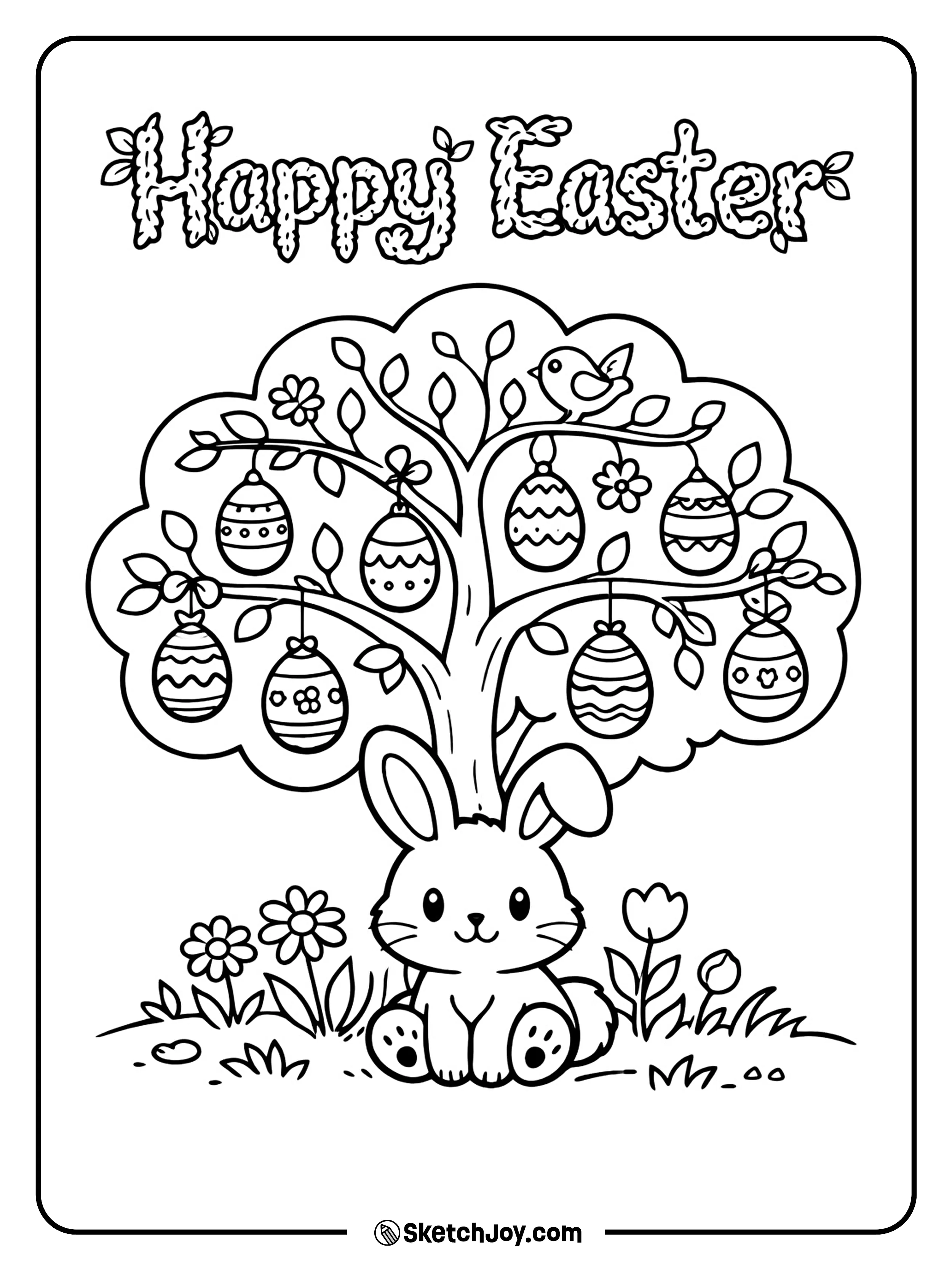 A small spring tree is covered with hanging eggs.