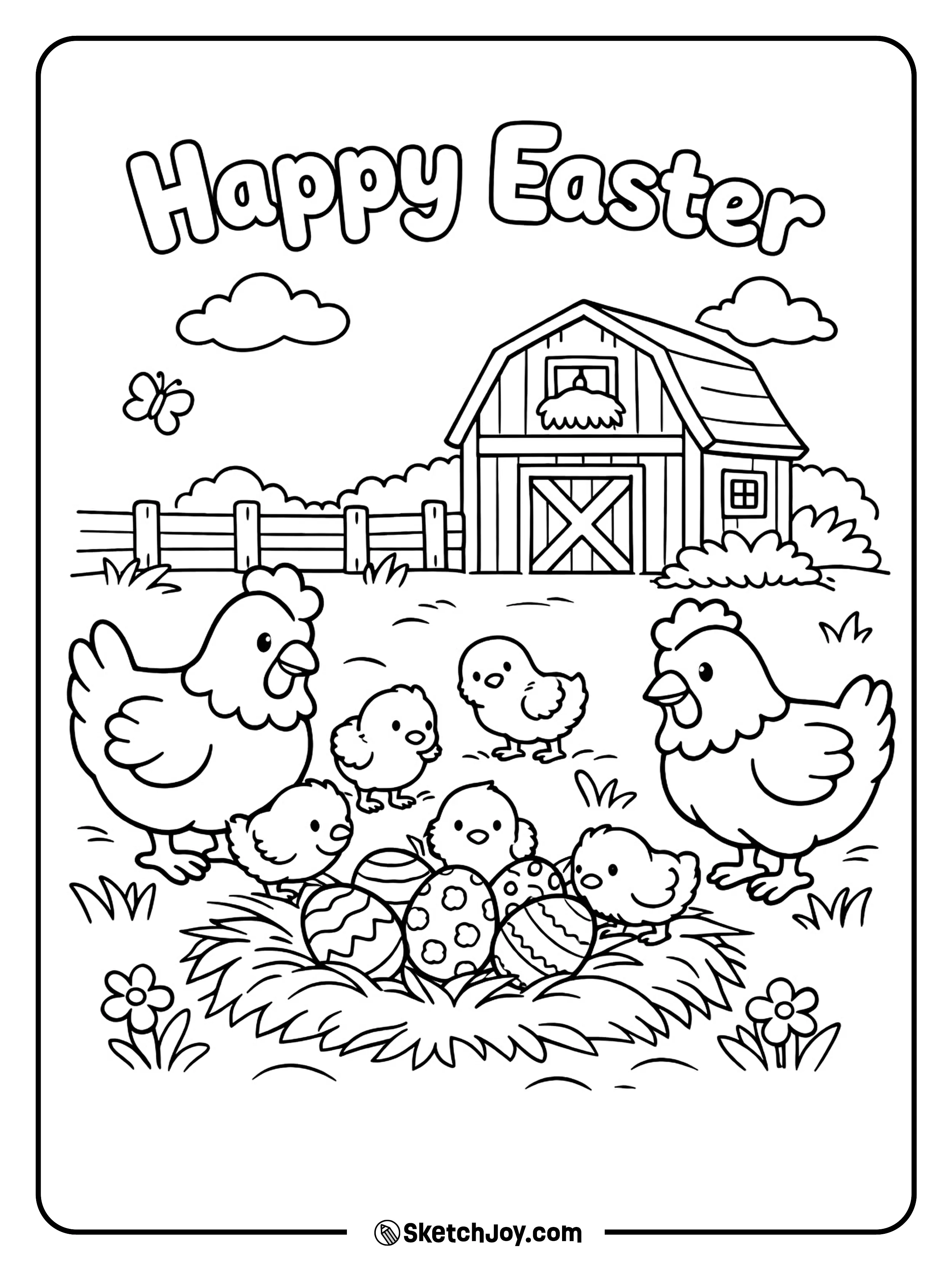 Happy chickens stand near eggs in a spring farm yard.