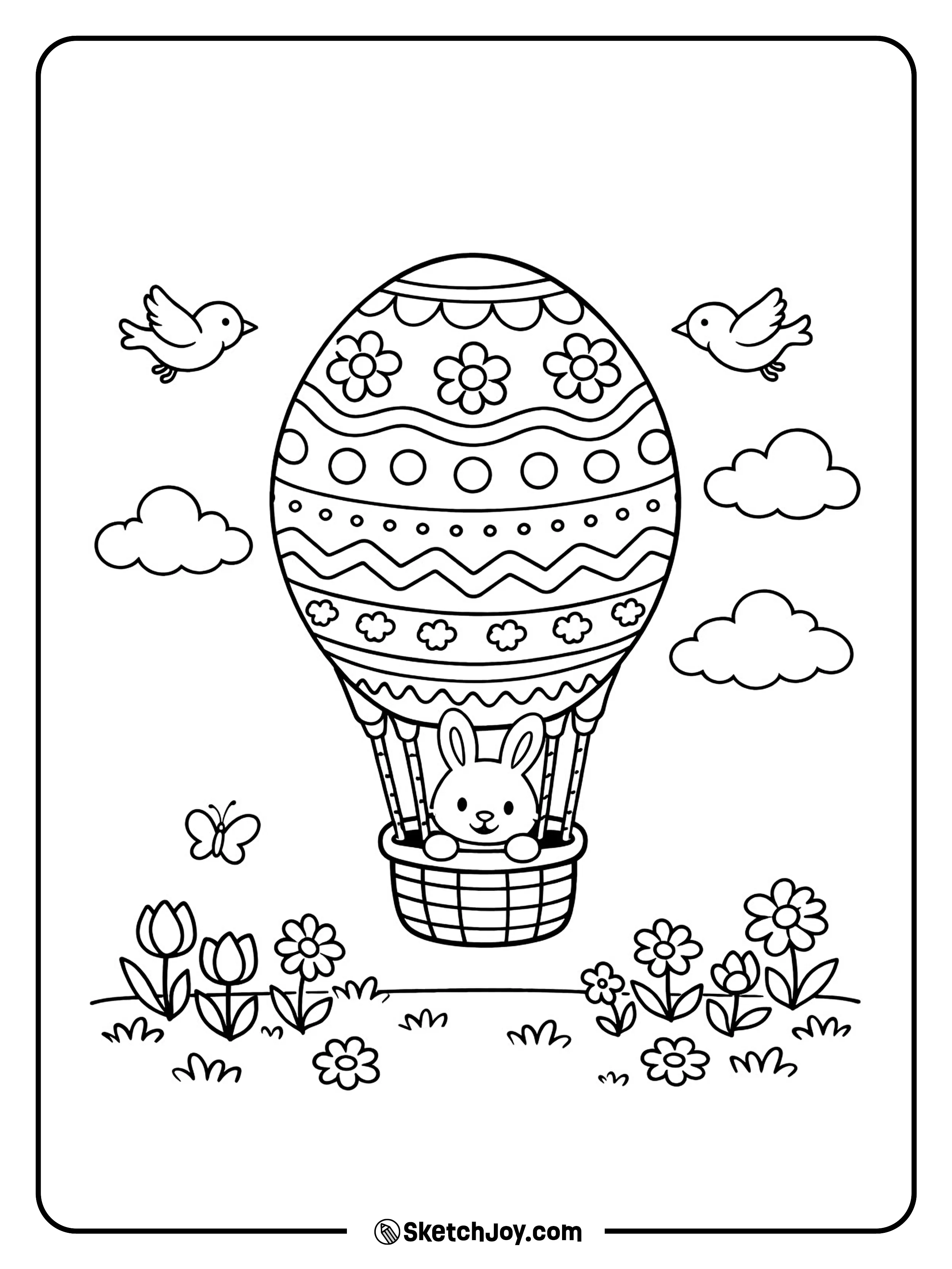 A giant egg balloon floats over a spring field.