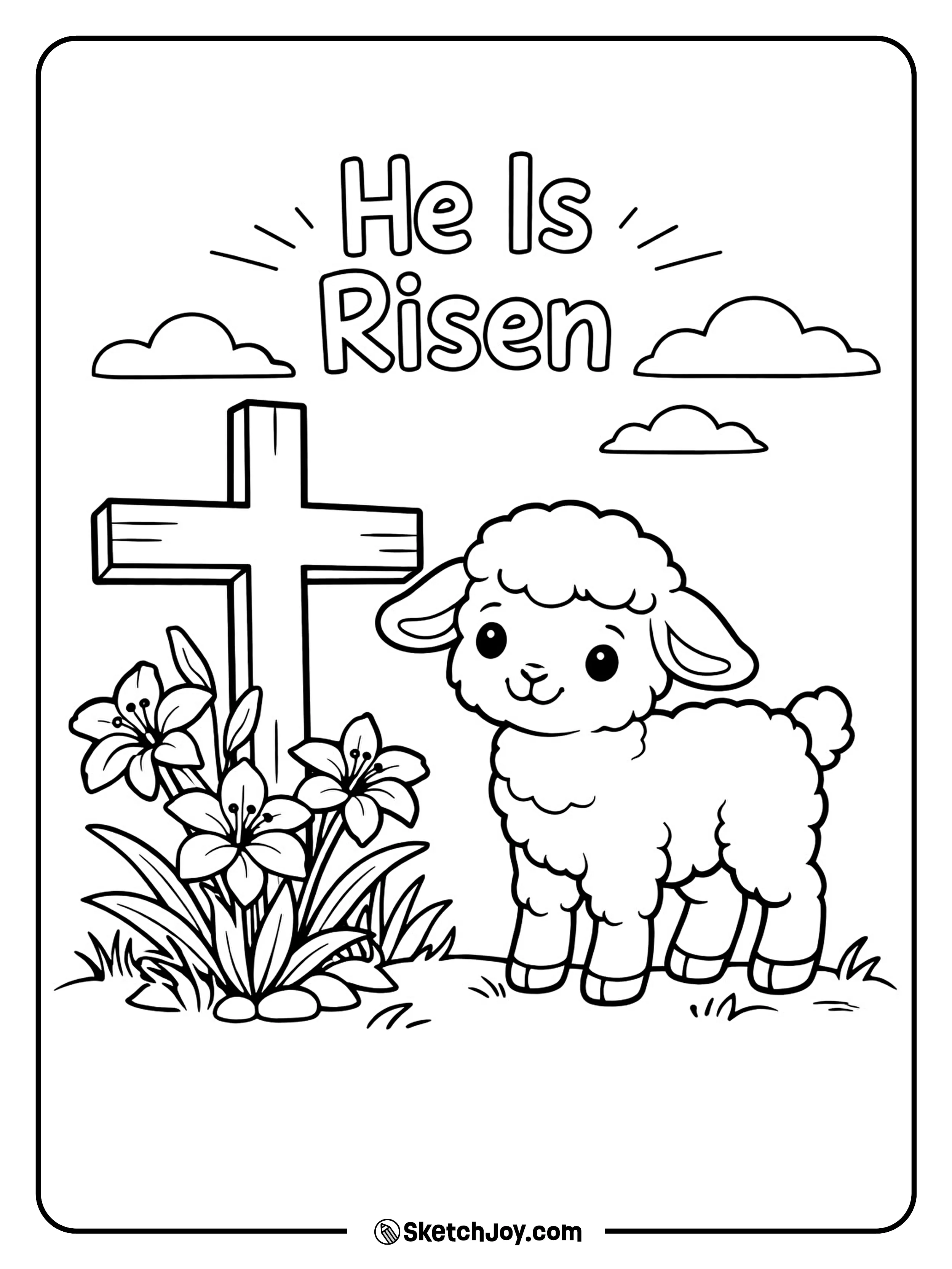 A gentle lamb stands near a cross and spring flowers.