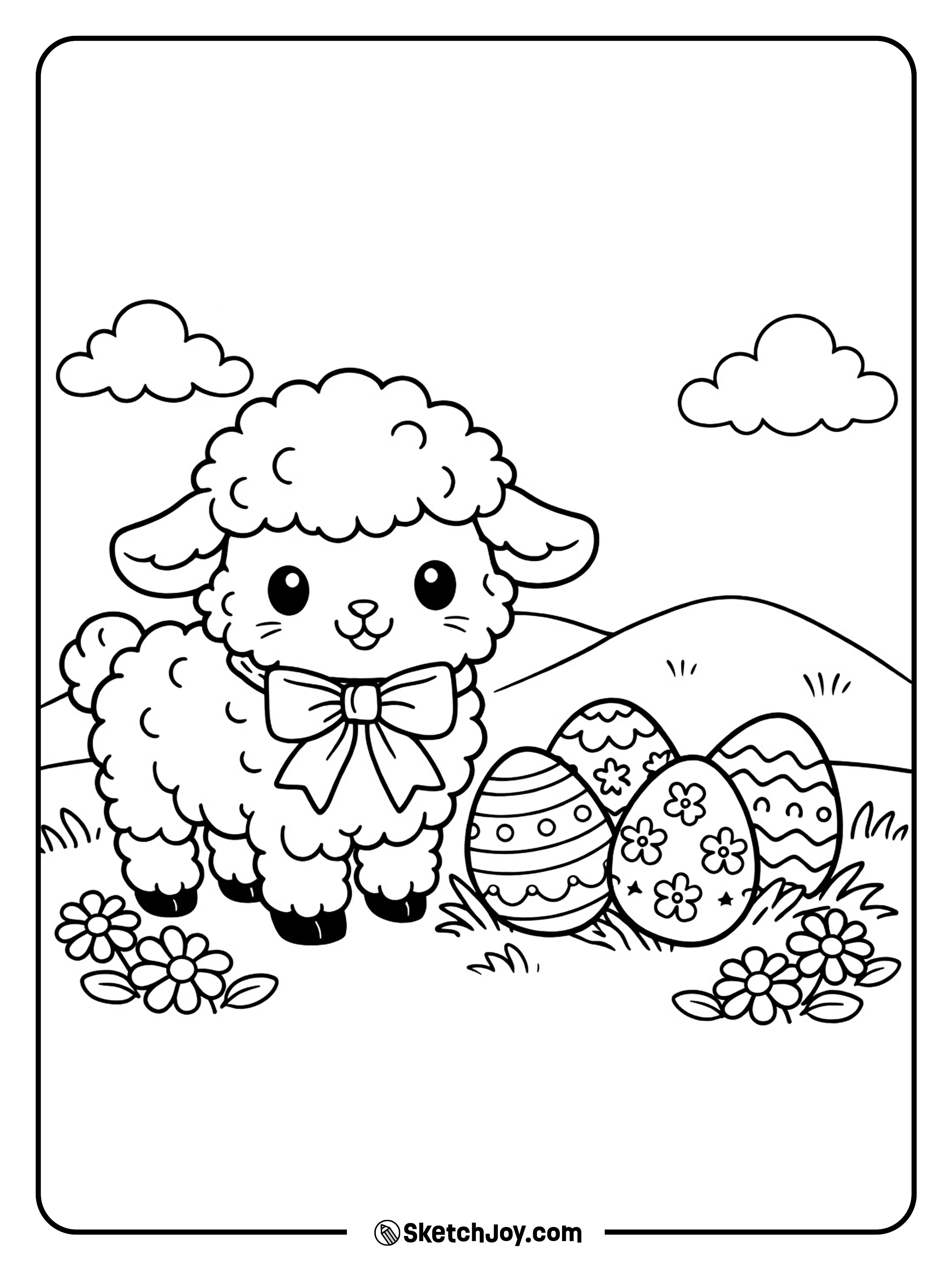 A sweet lamb stands near eggs and daisies.