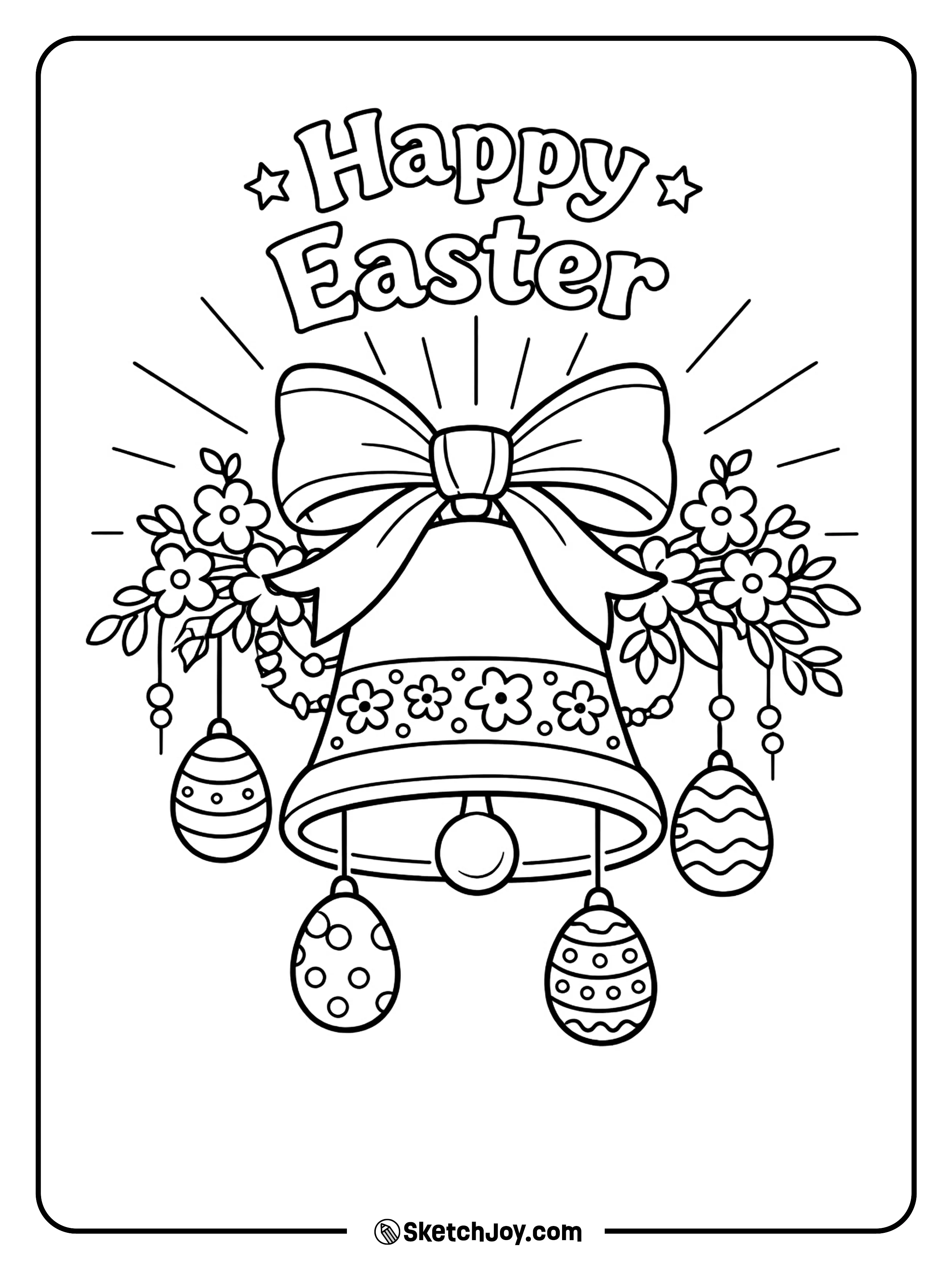 A spring bell hangs with flowers and eggs.