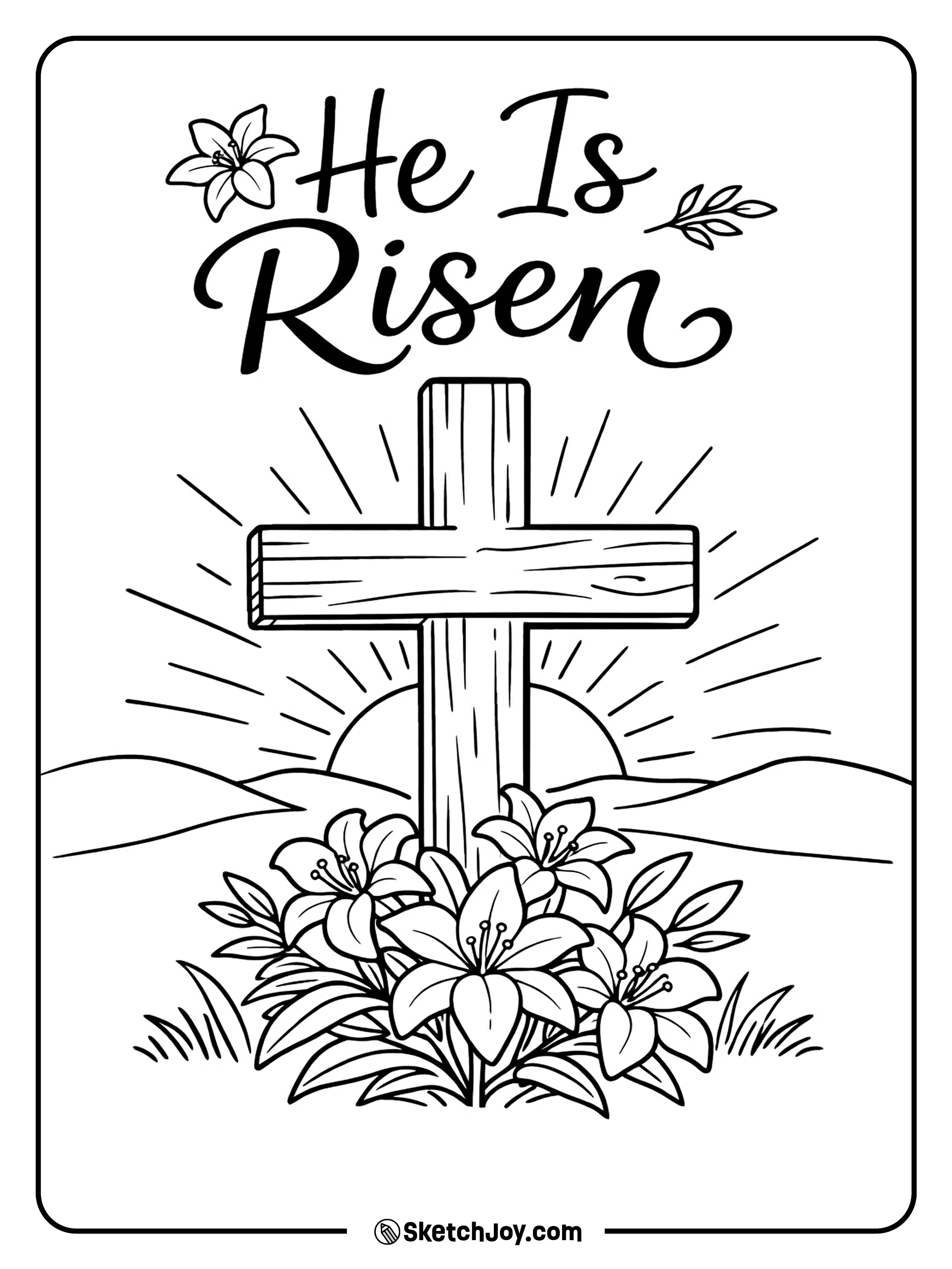 A cross stands with lilies and a bright Easter sunrise.