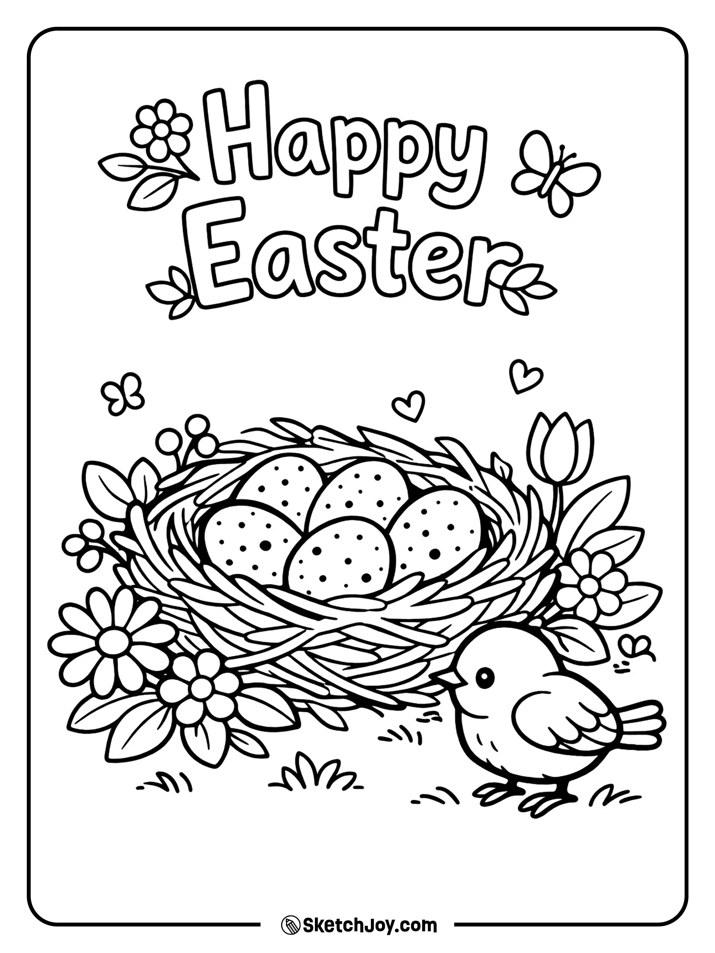 A bird nest holds eggs among flowers and leaves.