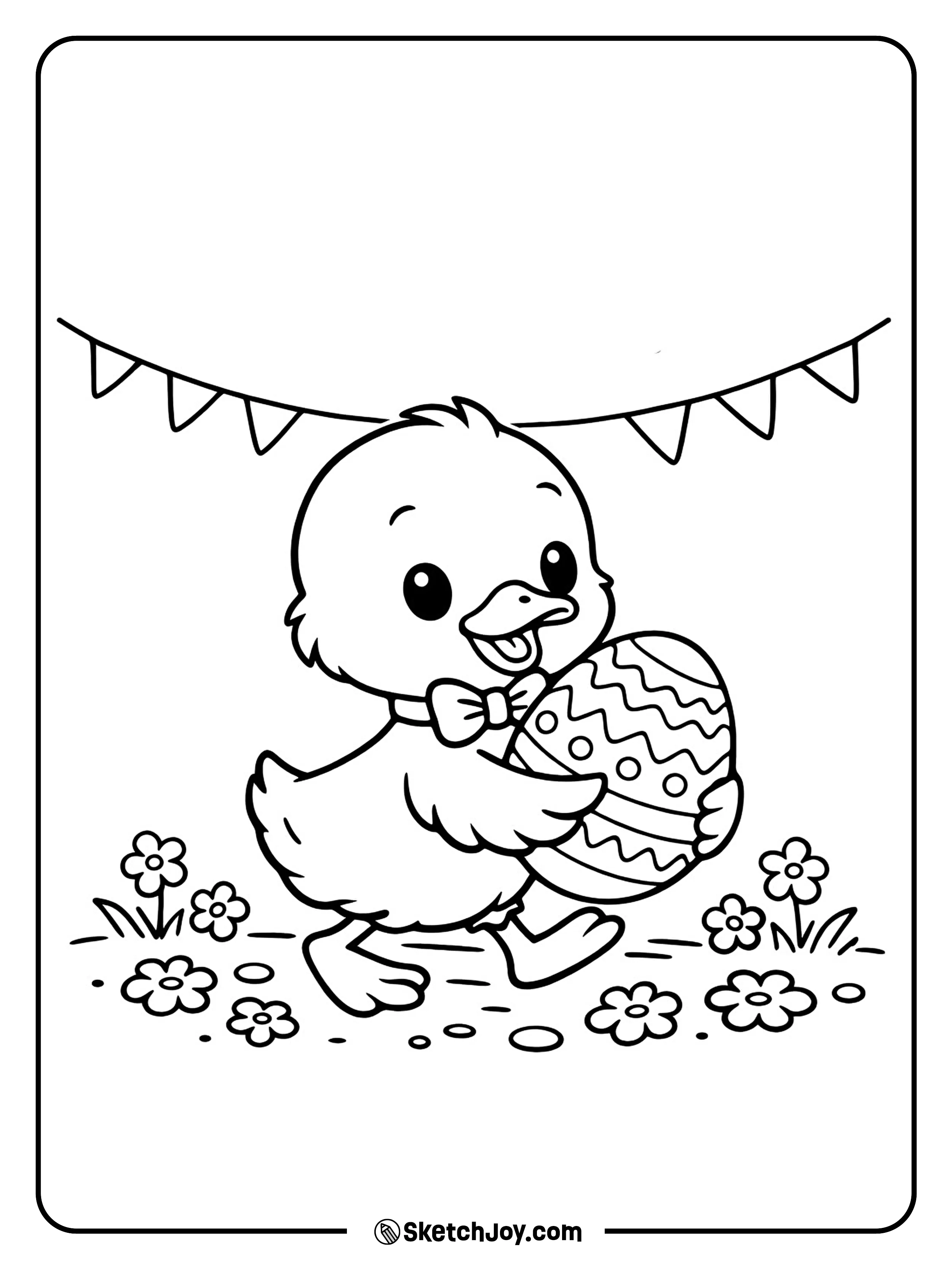 A duckling walks proudly with an egg and a bow.