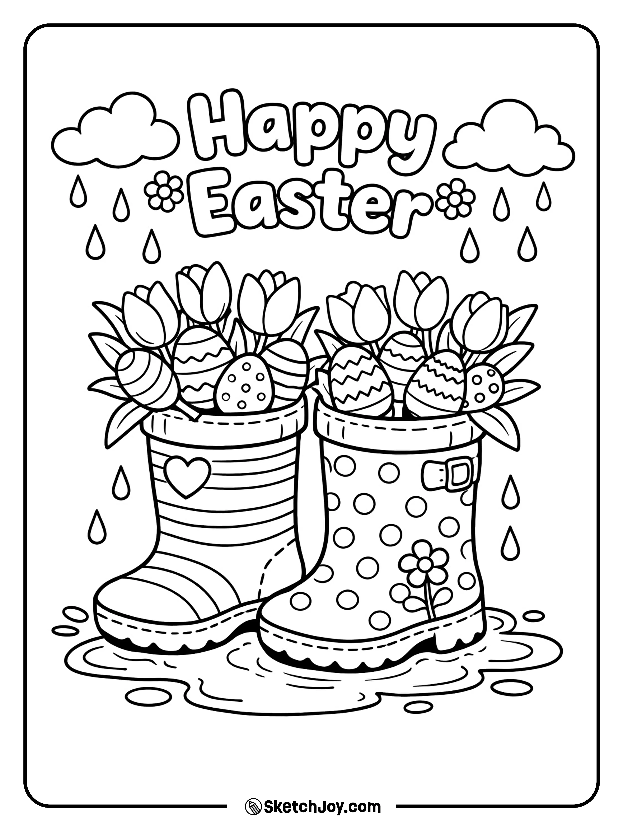 Rain boots are filled with flowers and bright eggs.