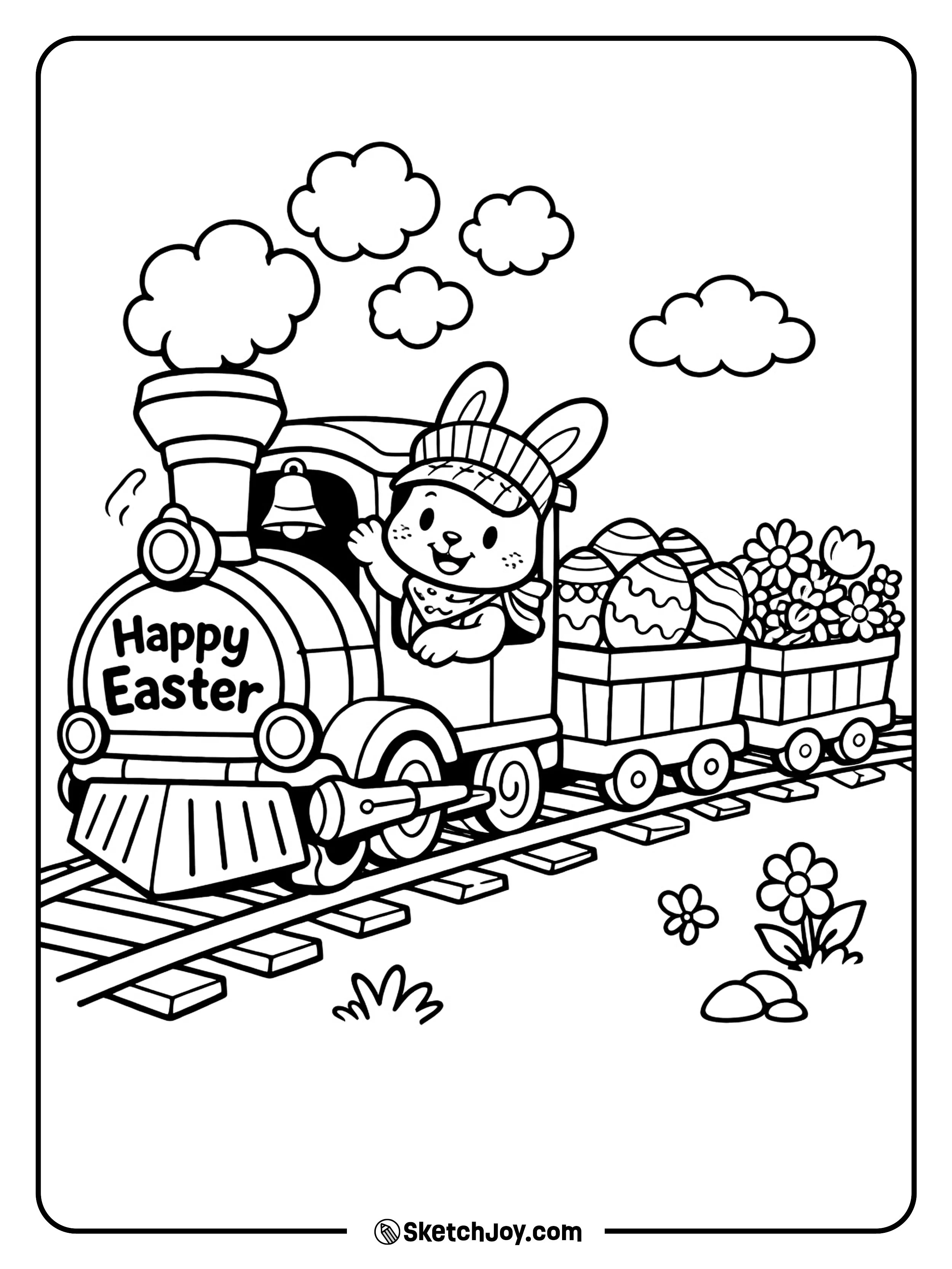 A fun little train carries eggs and a bunny.