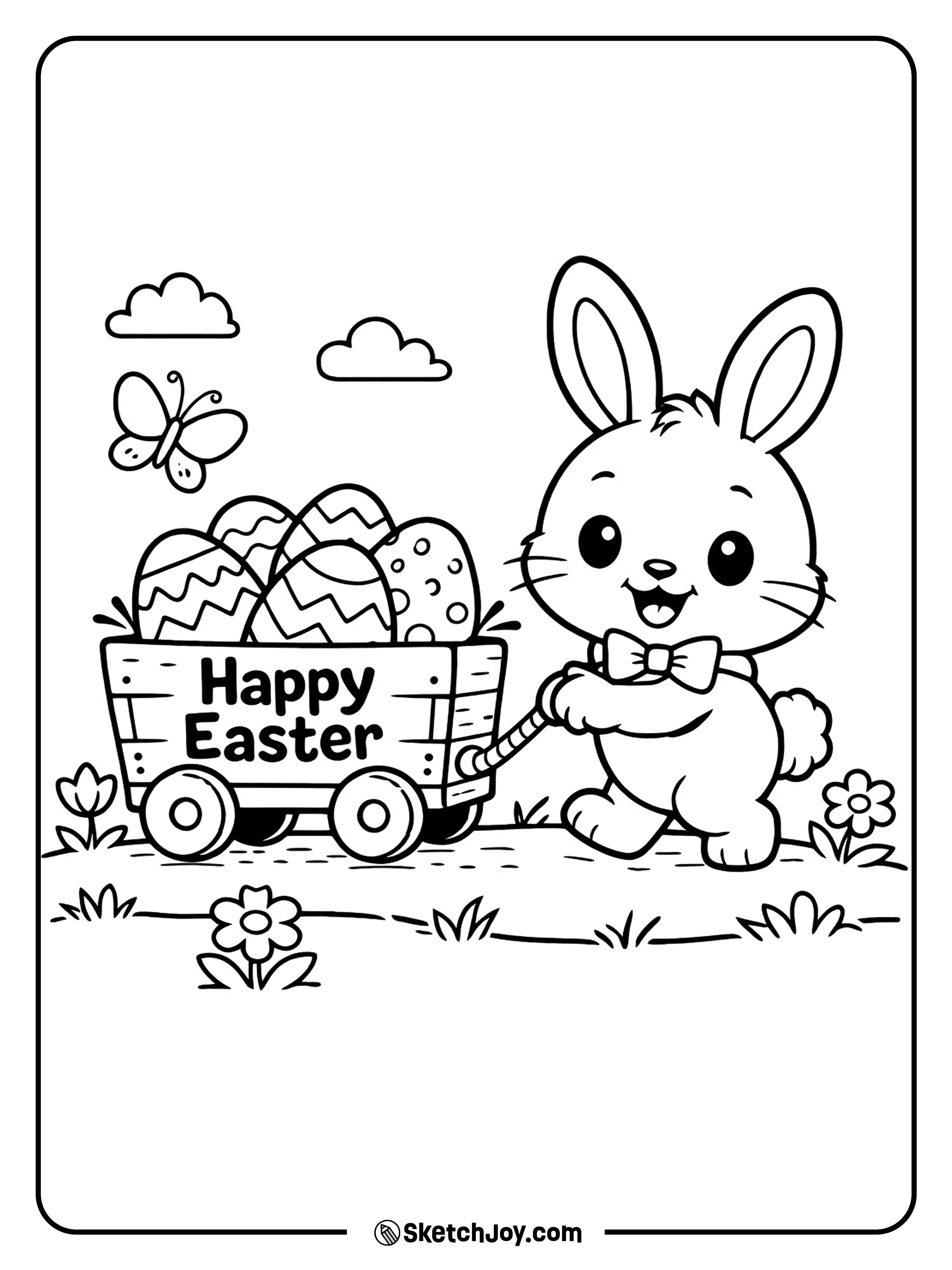 A bunny pulls a wagon full of eggs across the grass.