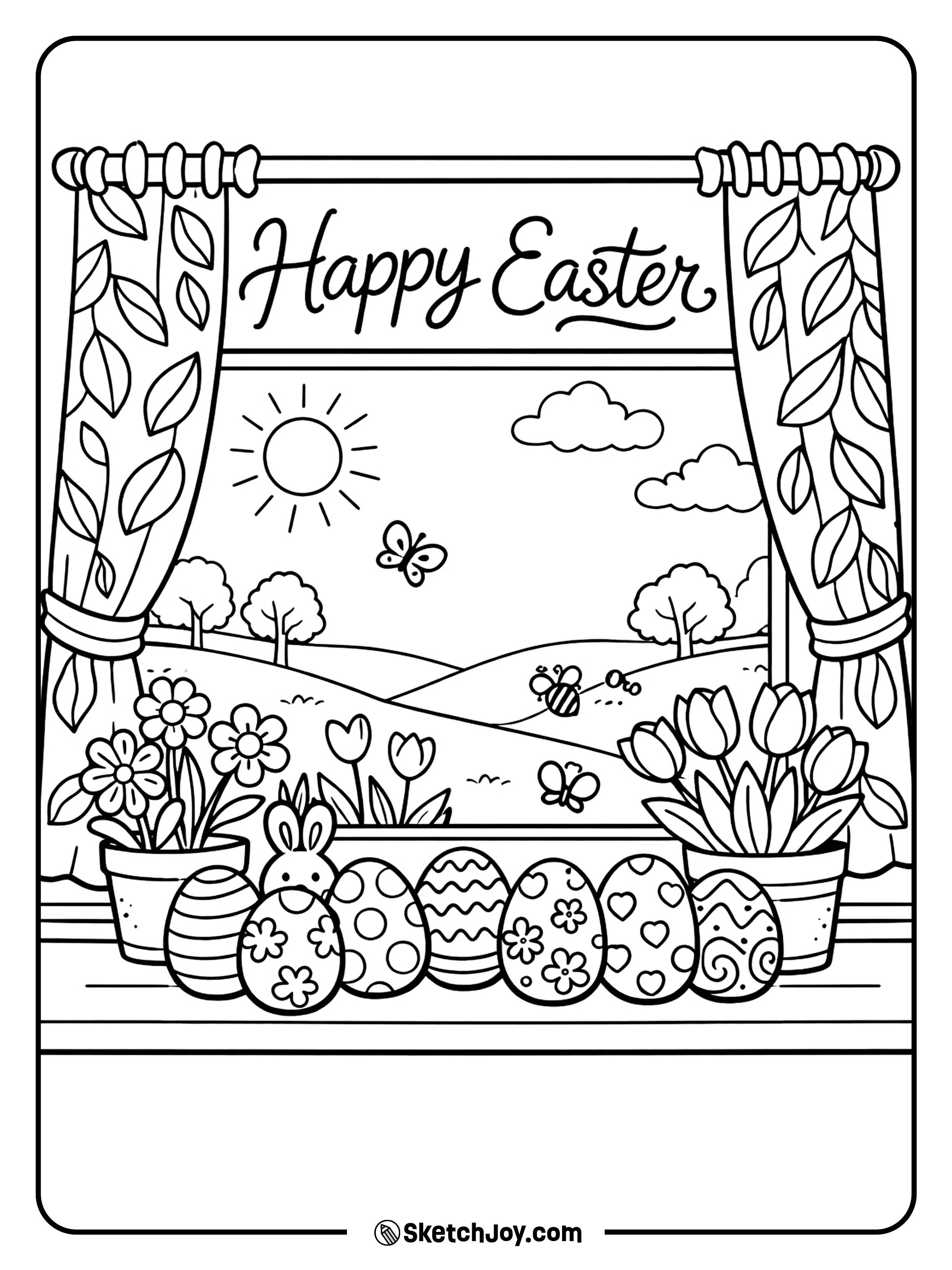 A spring window frame looks out over eggs and flowers.