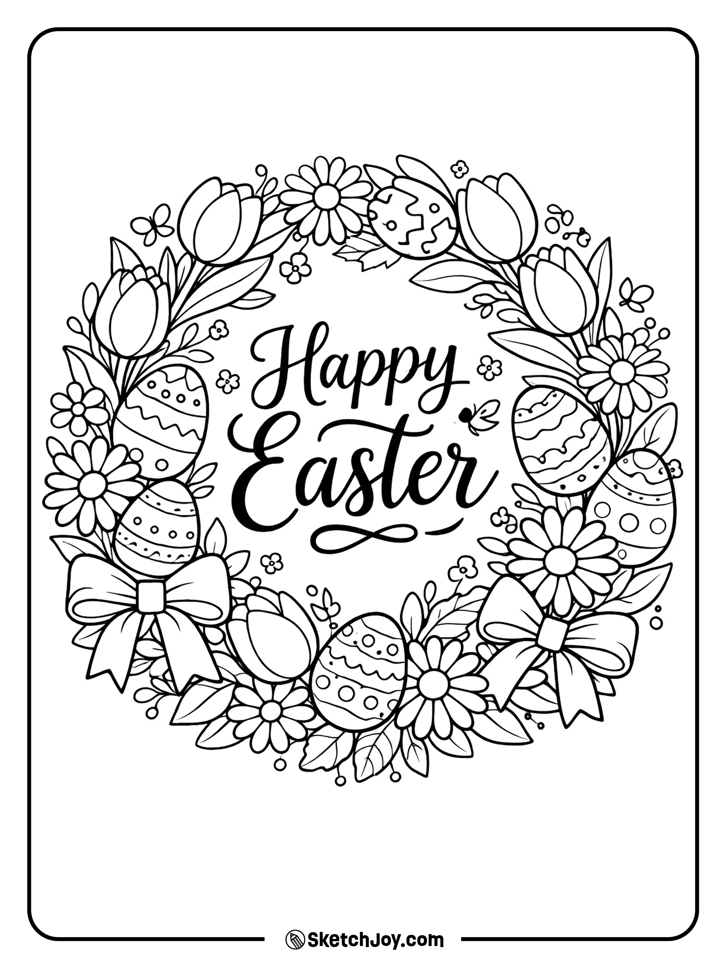 A floral wreath circles a soft Easter message.