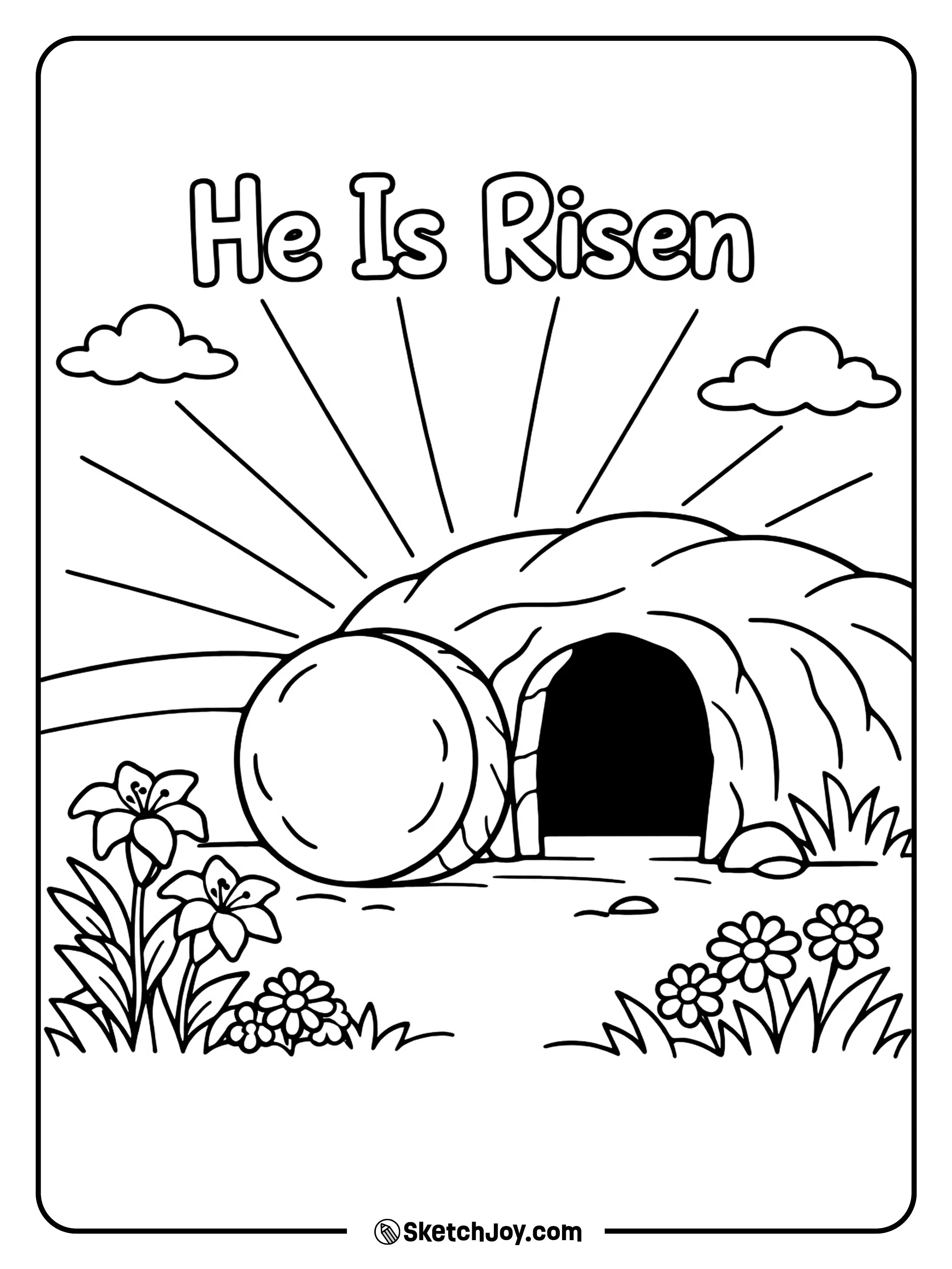 The Easter sunrise shines behind the open tomb.