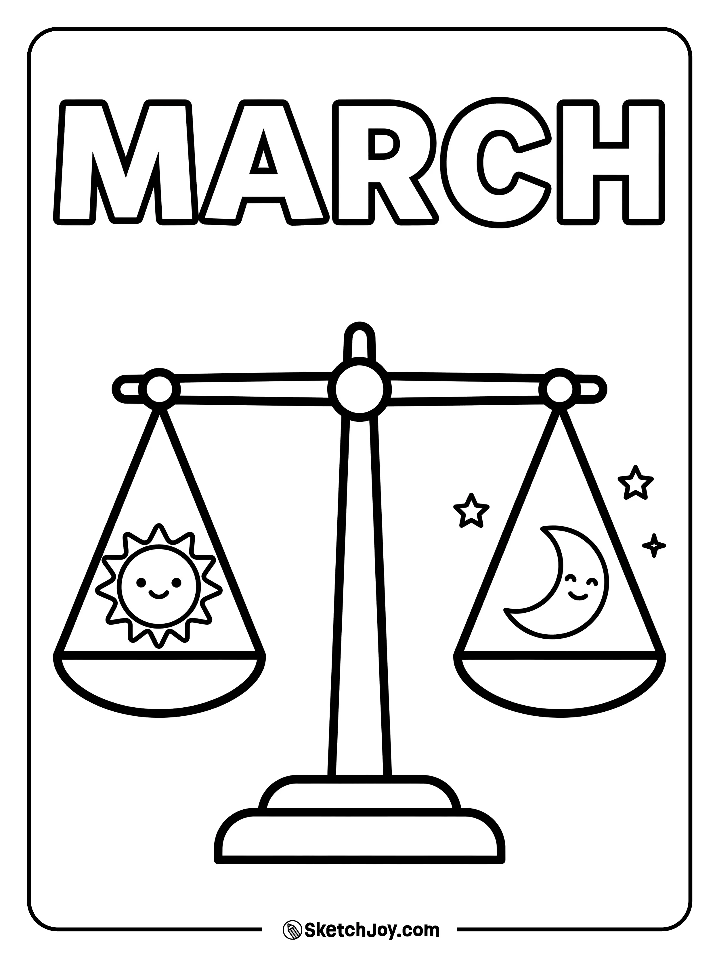 MARCH sits above a simple balance scale with sun and moon icons.