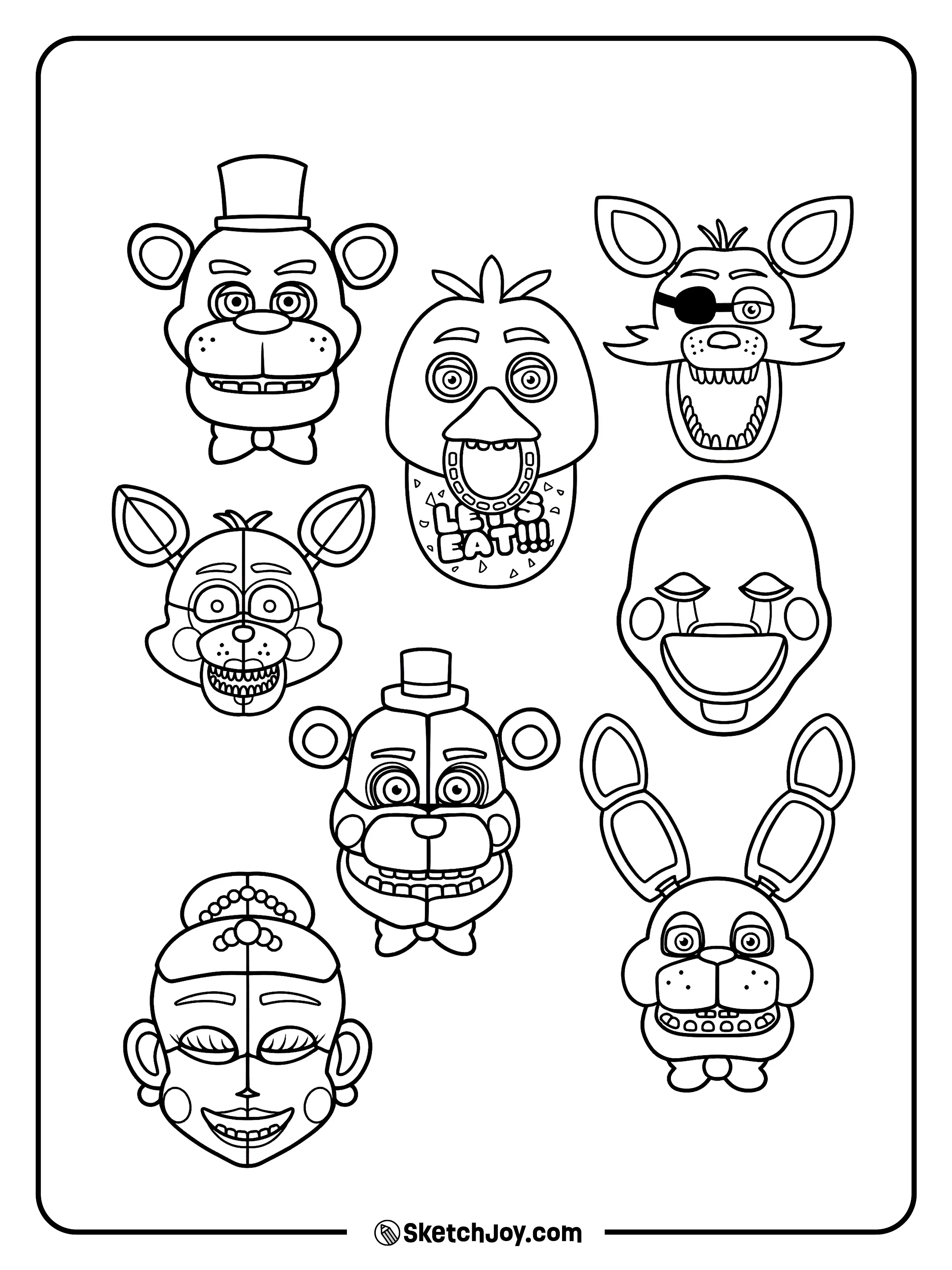 A simple set of Freddy, Chica, Foxy, Puppet, and other animatronic faces fills the page.