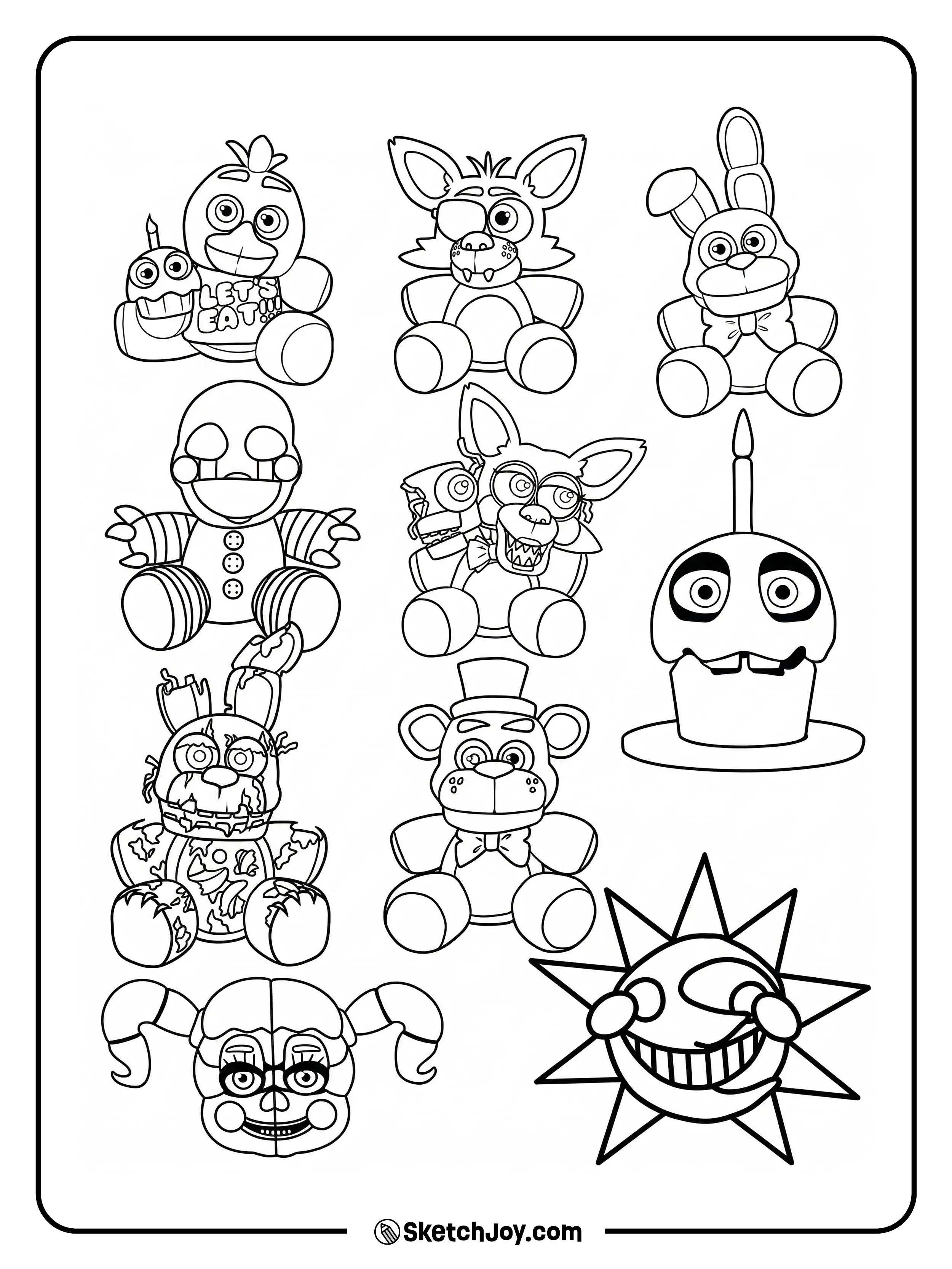 A cute mix of plush toys, masks, and faces brings many FNaF favorites together.