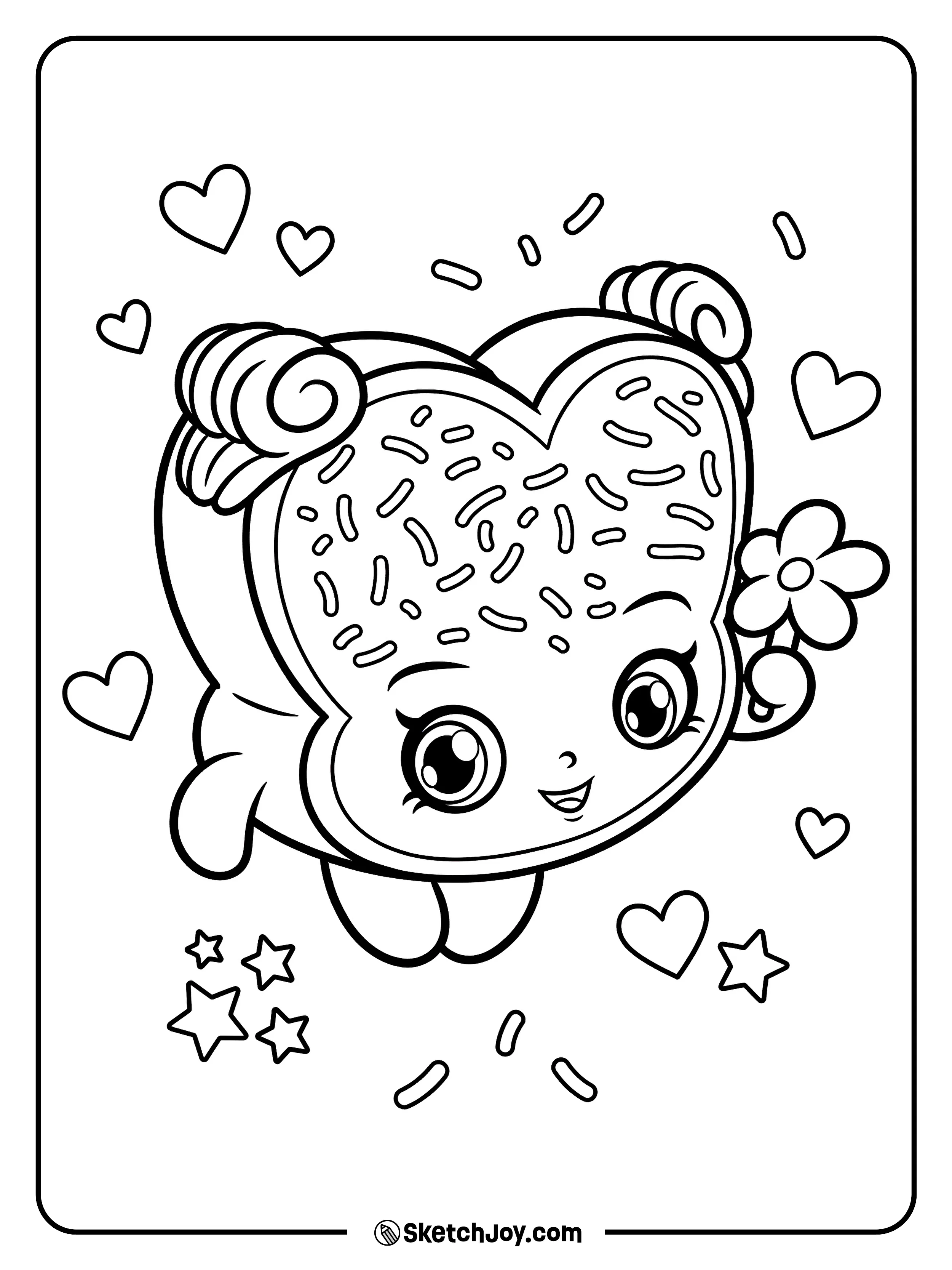 Fairy Crumbs smiles sweetly while holding a flower with hearts and stars around her.