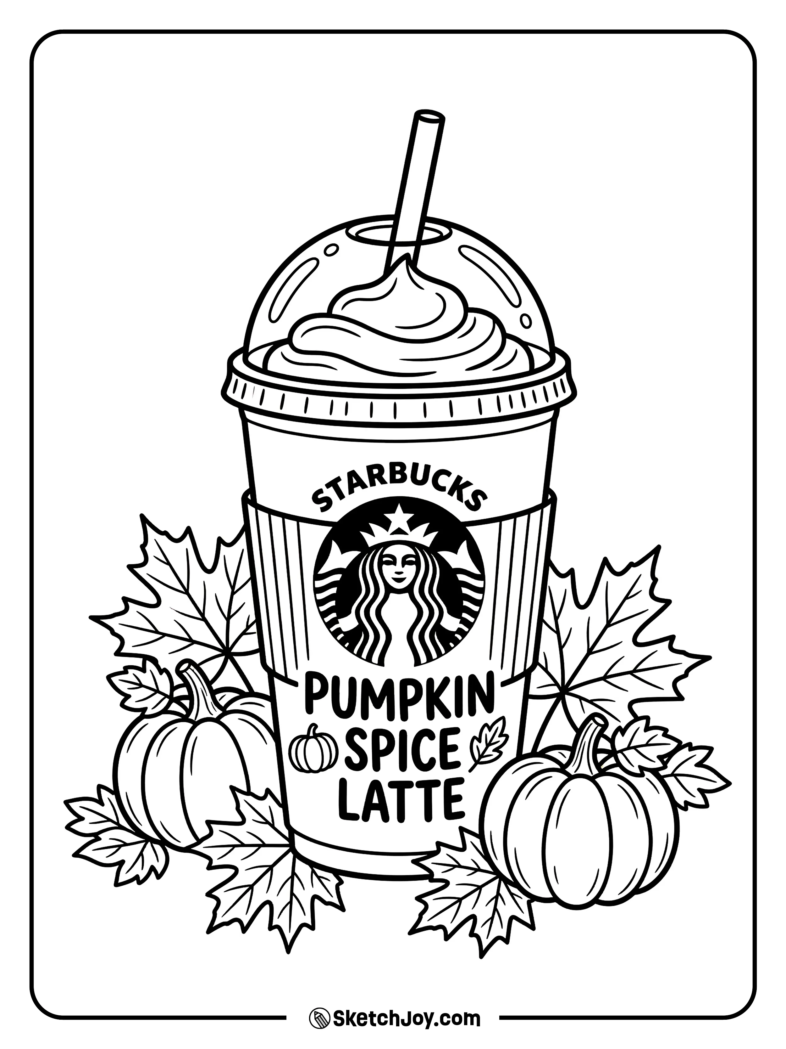 A hot latte surrounded by small pumpkins and autumn leaves.
