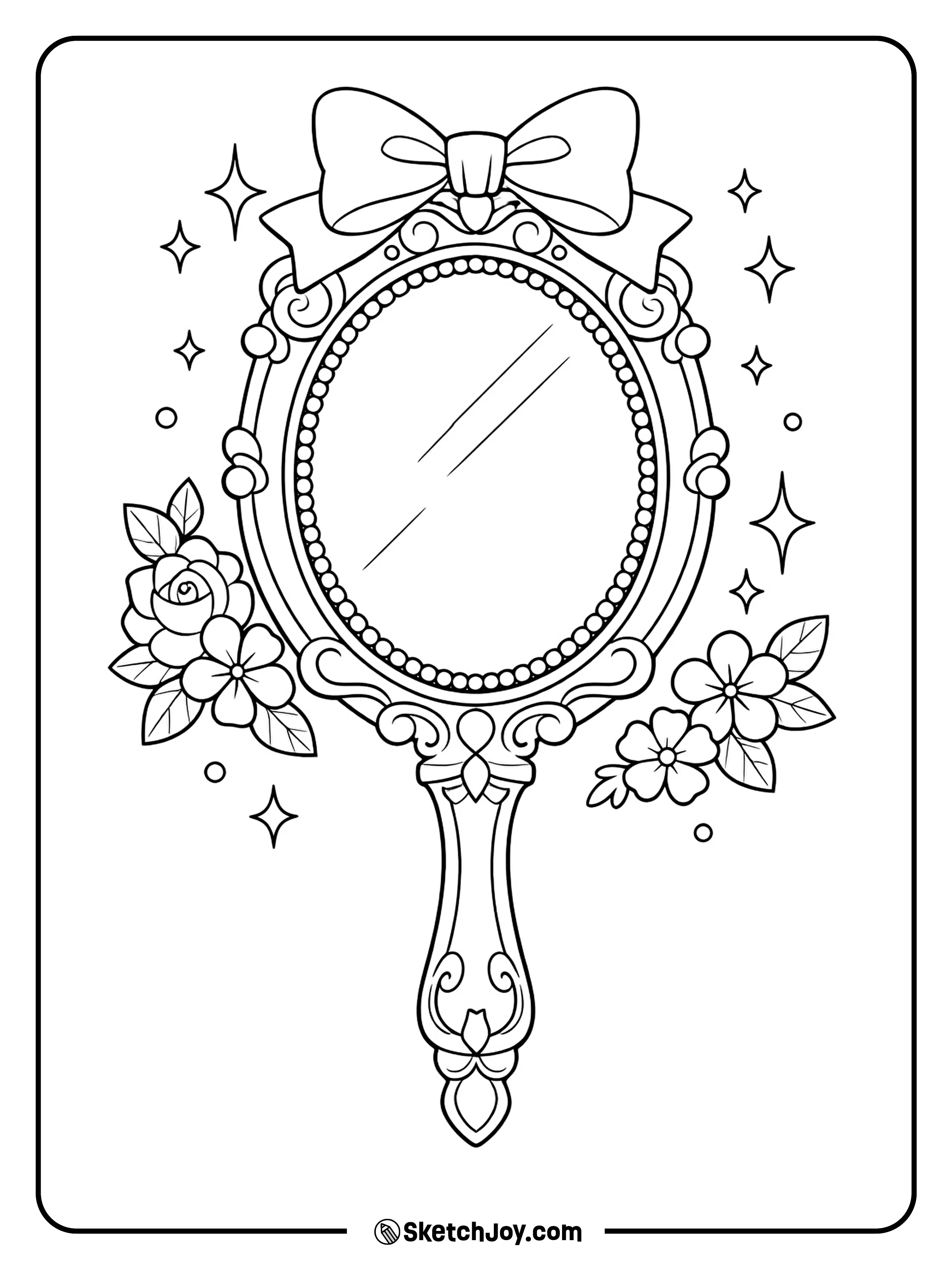 A pretty mirror with a ribbon bow at the top.