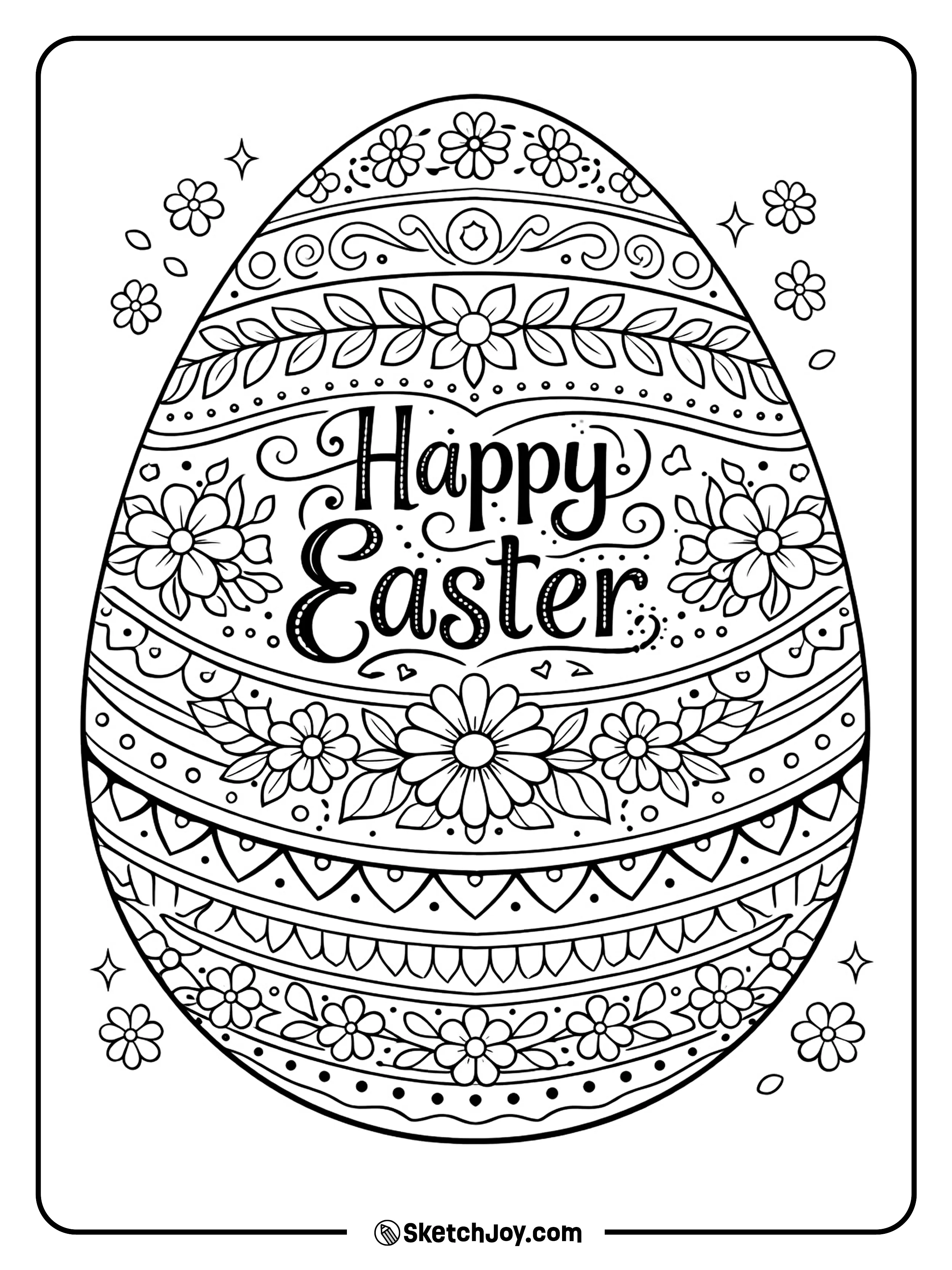 A detailed egg is packed with flowers, loops, and shapes.