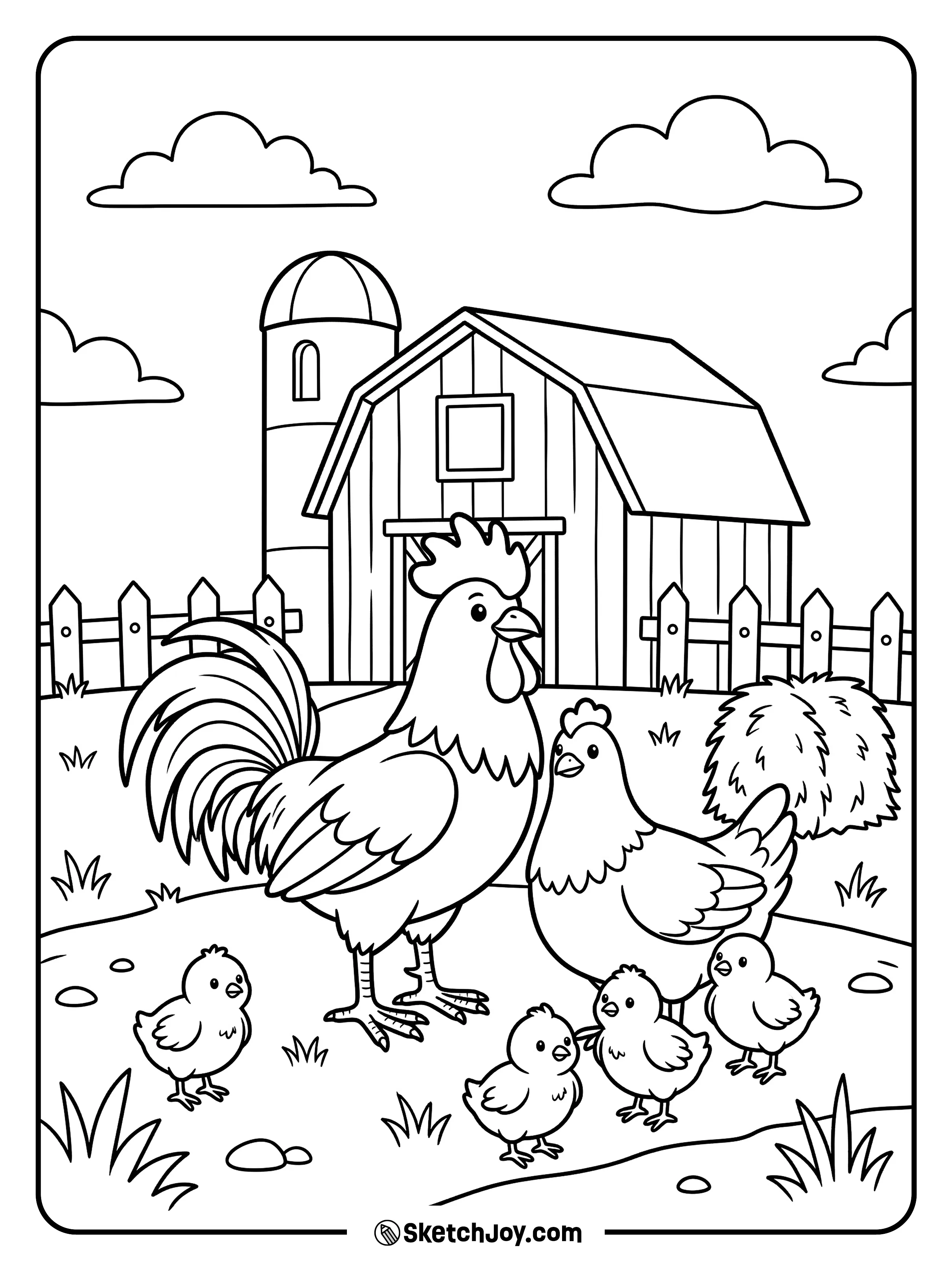 A rooster, a hen, and their chicks gather together in a happy farm scene.