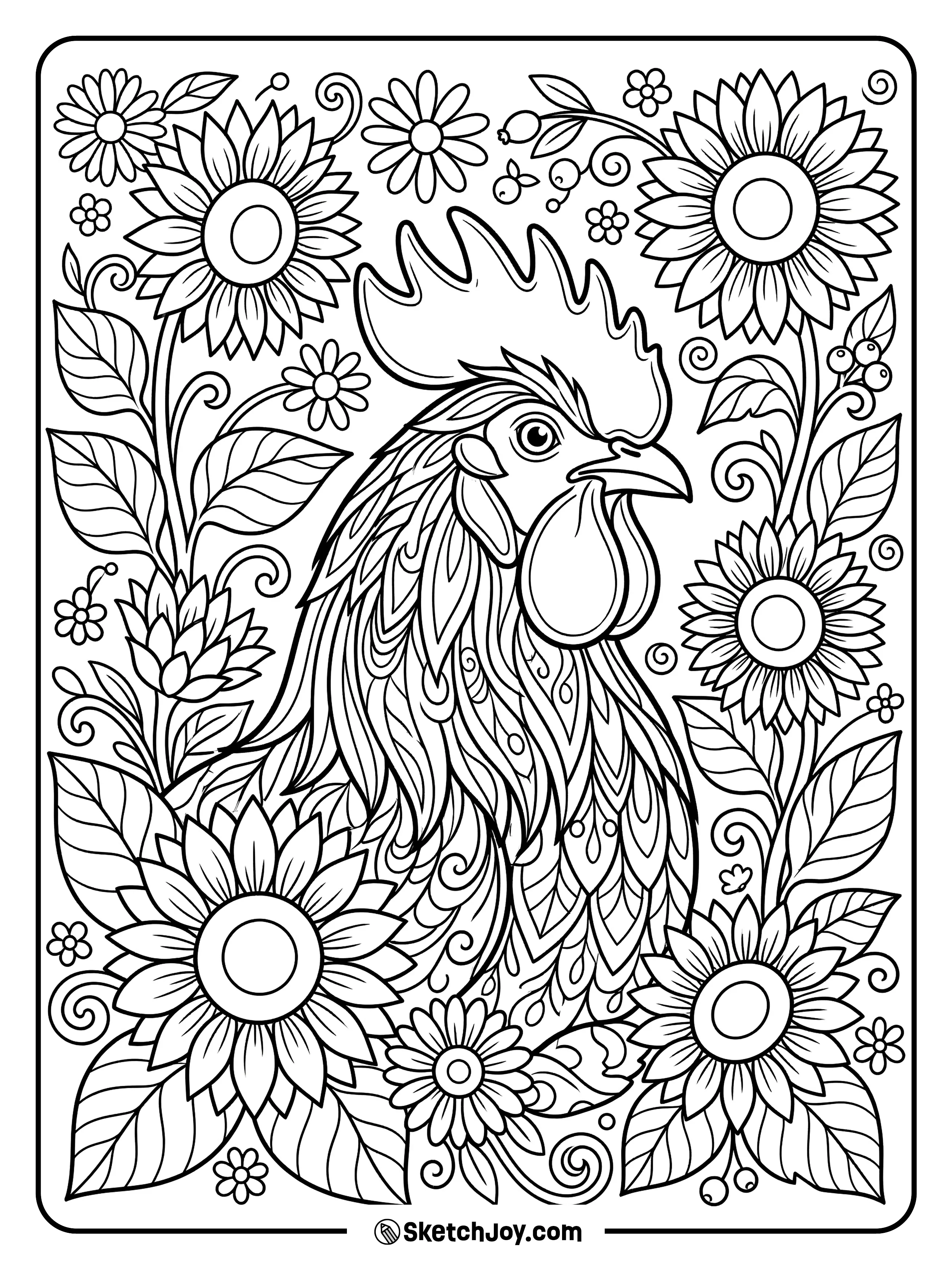 A rooster is framed with flowers and leaves in a rich farm art style.