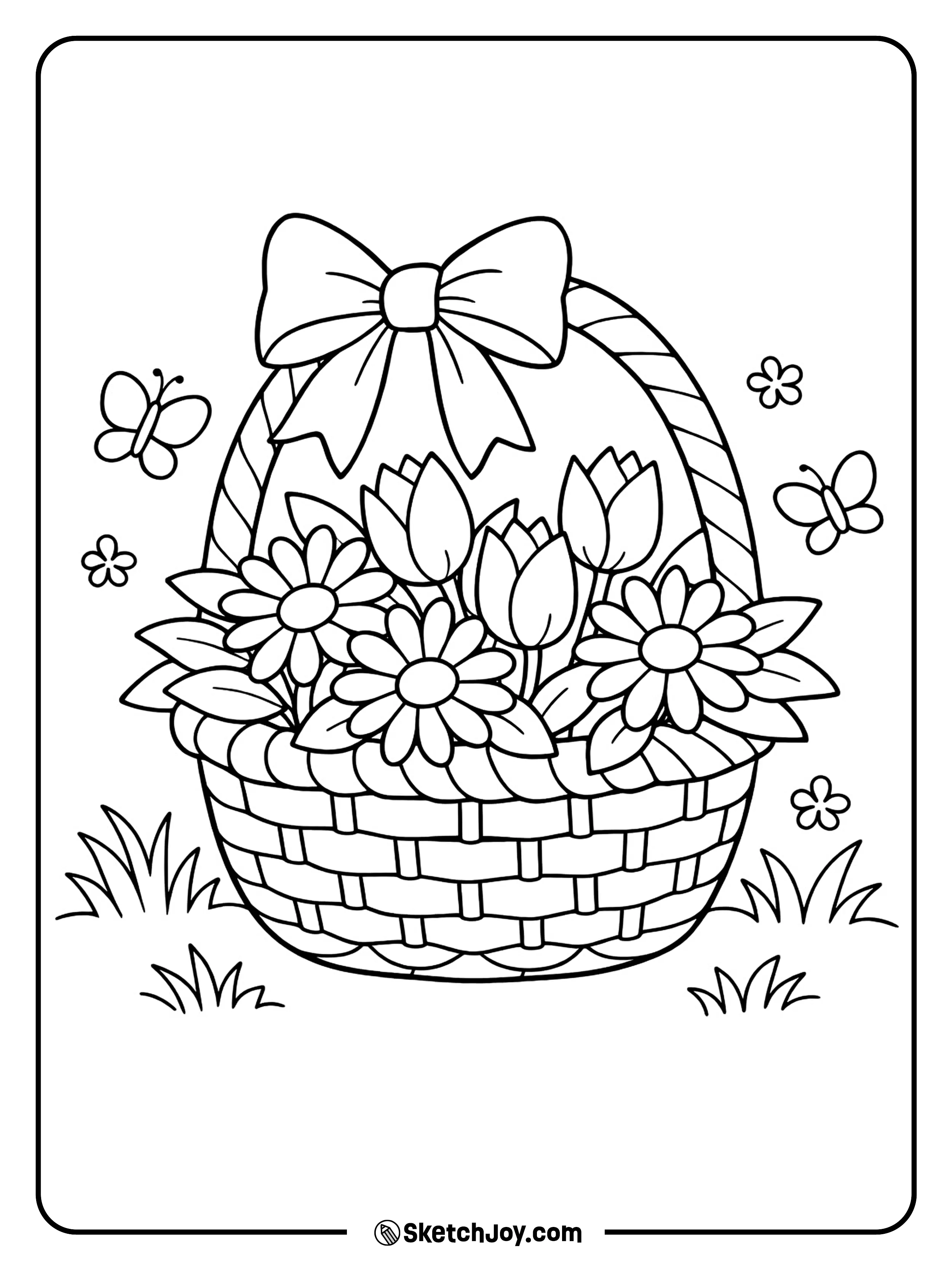 A basket of flowers tied with a lovely ribbon.