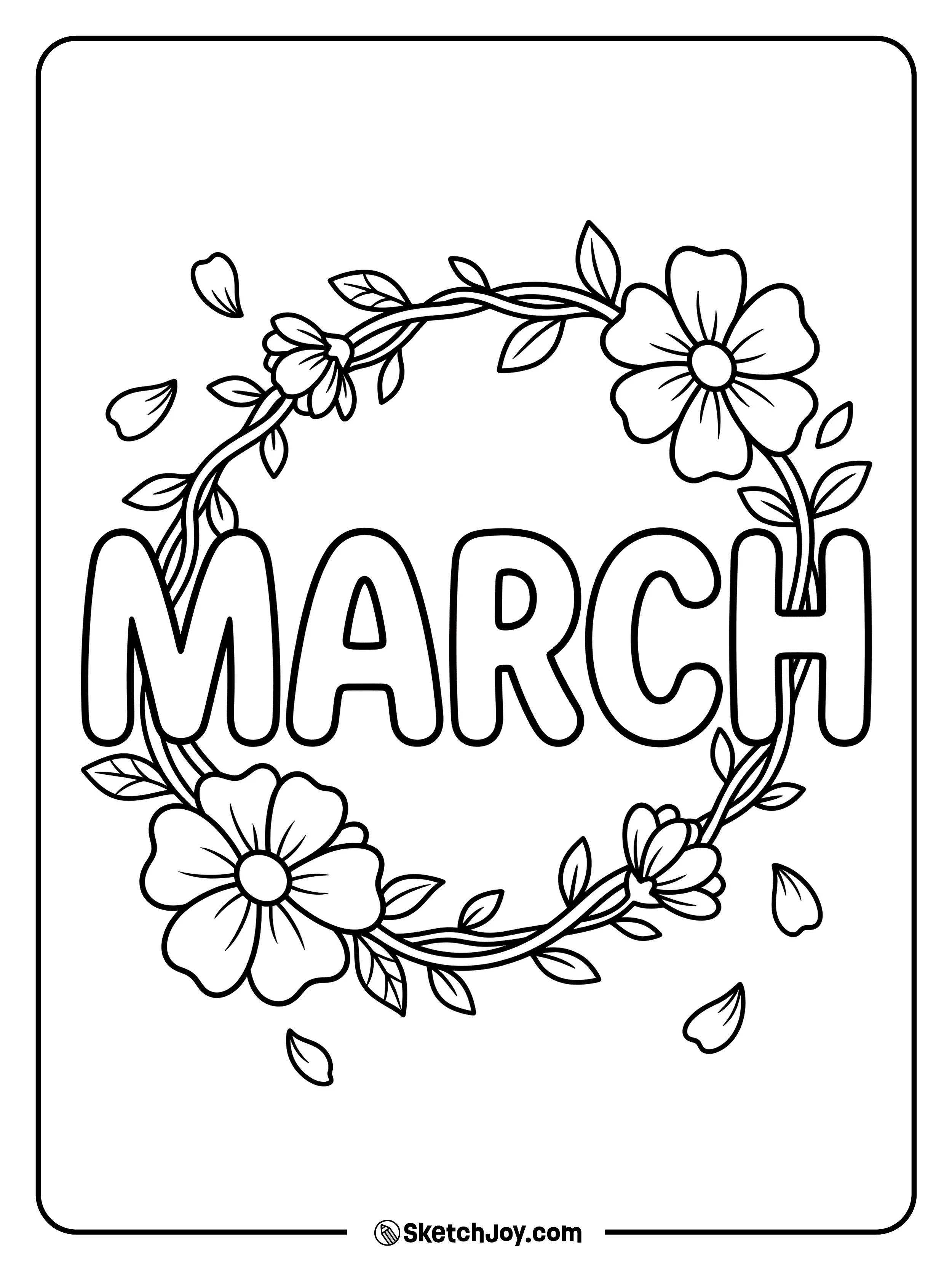 MARCH looks like a flower crown, with petals and leaves wrapping each letter.
