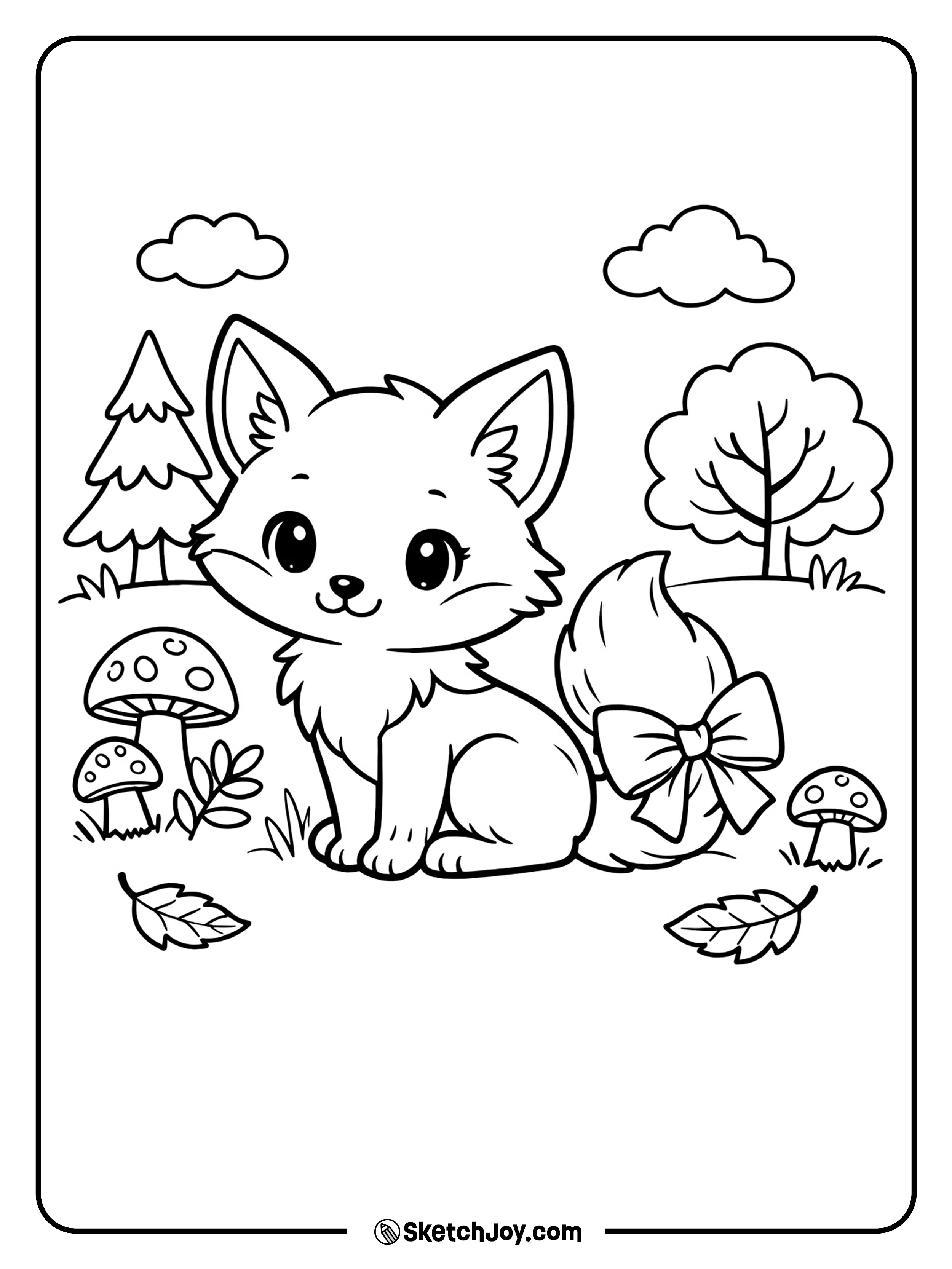 A cute fox wearing a bow in a forest scene.