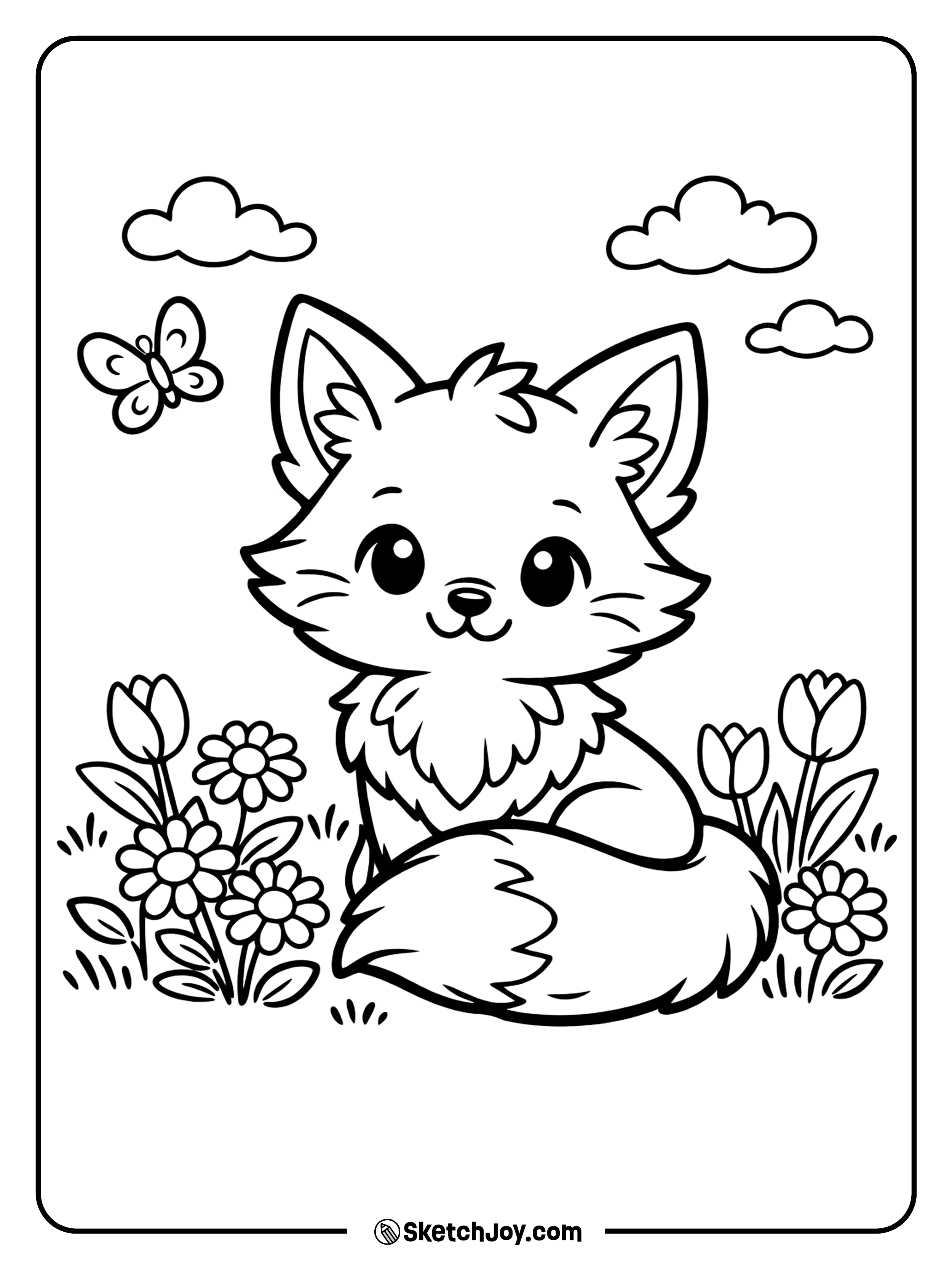 A sweet fox sits in grass with flowers around it.