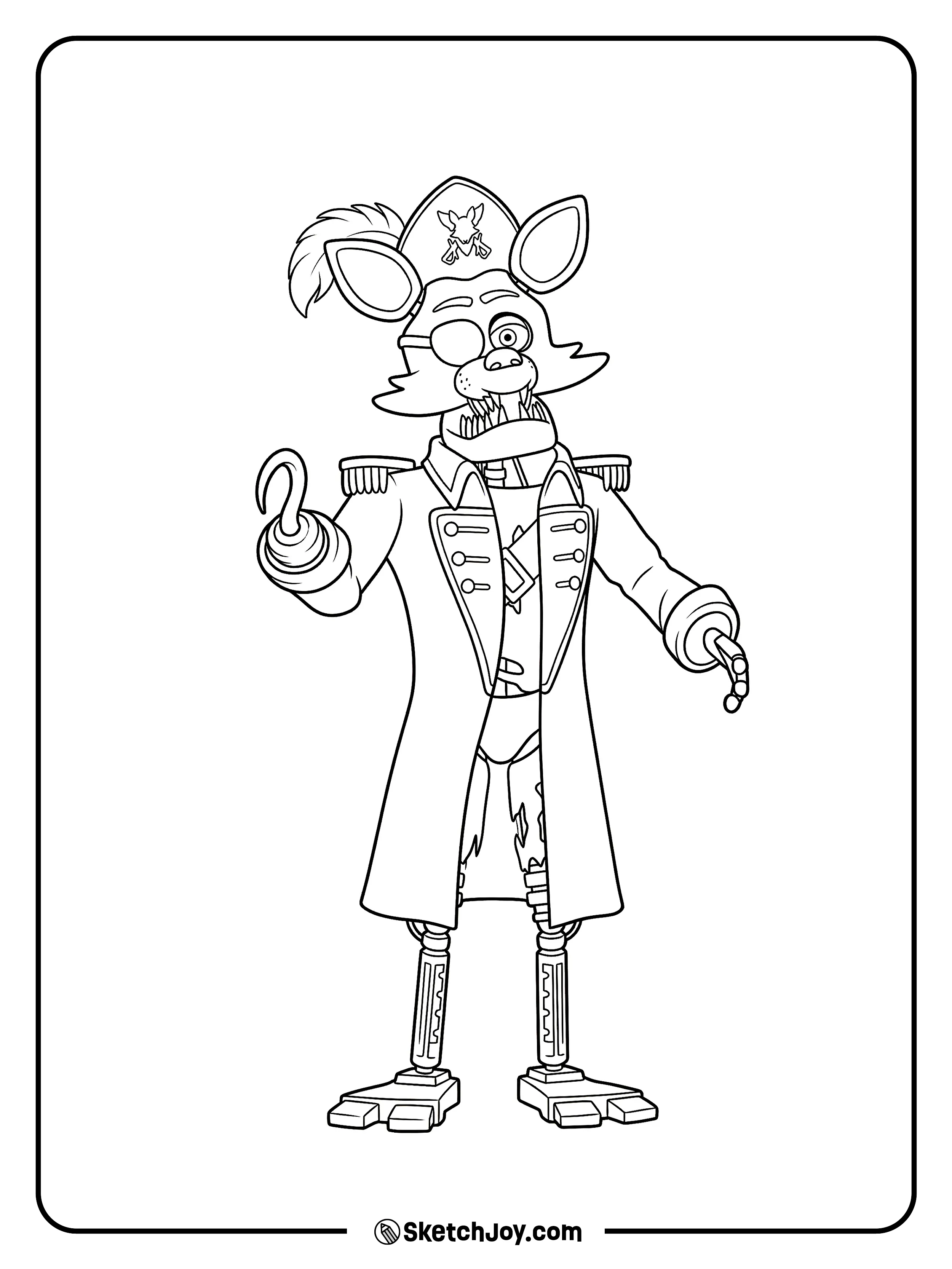 Foxy stands in his pirate stance with one hook held high.