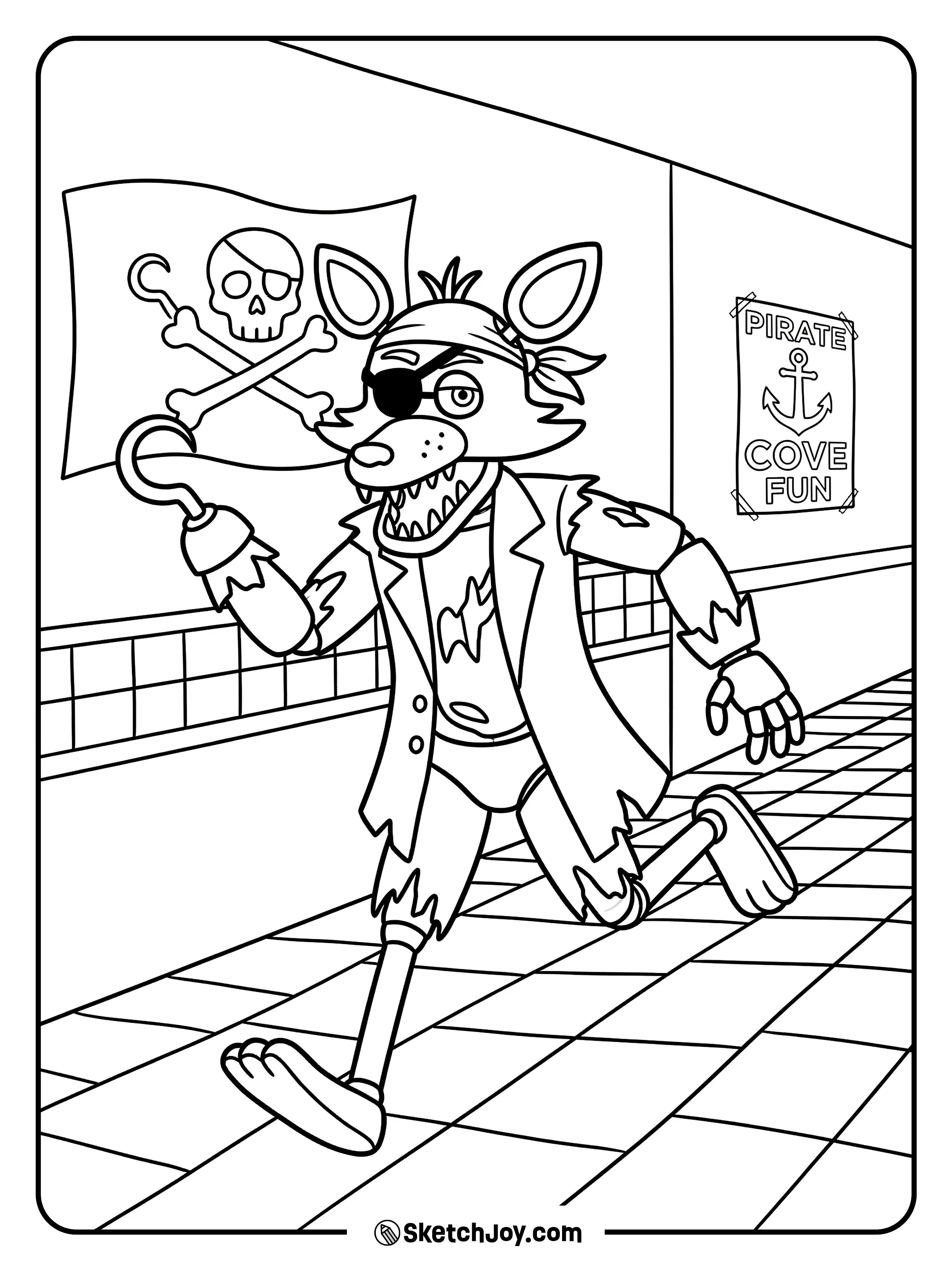 Foxy dashes through a hallway with a pirate flag behind him.