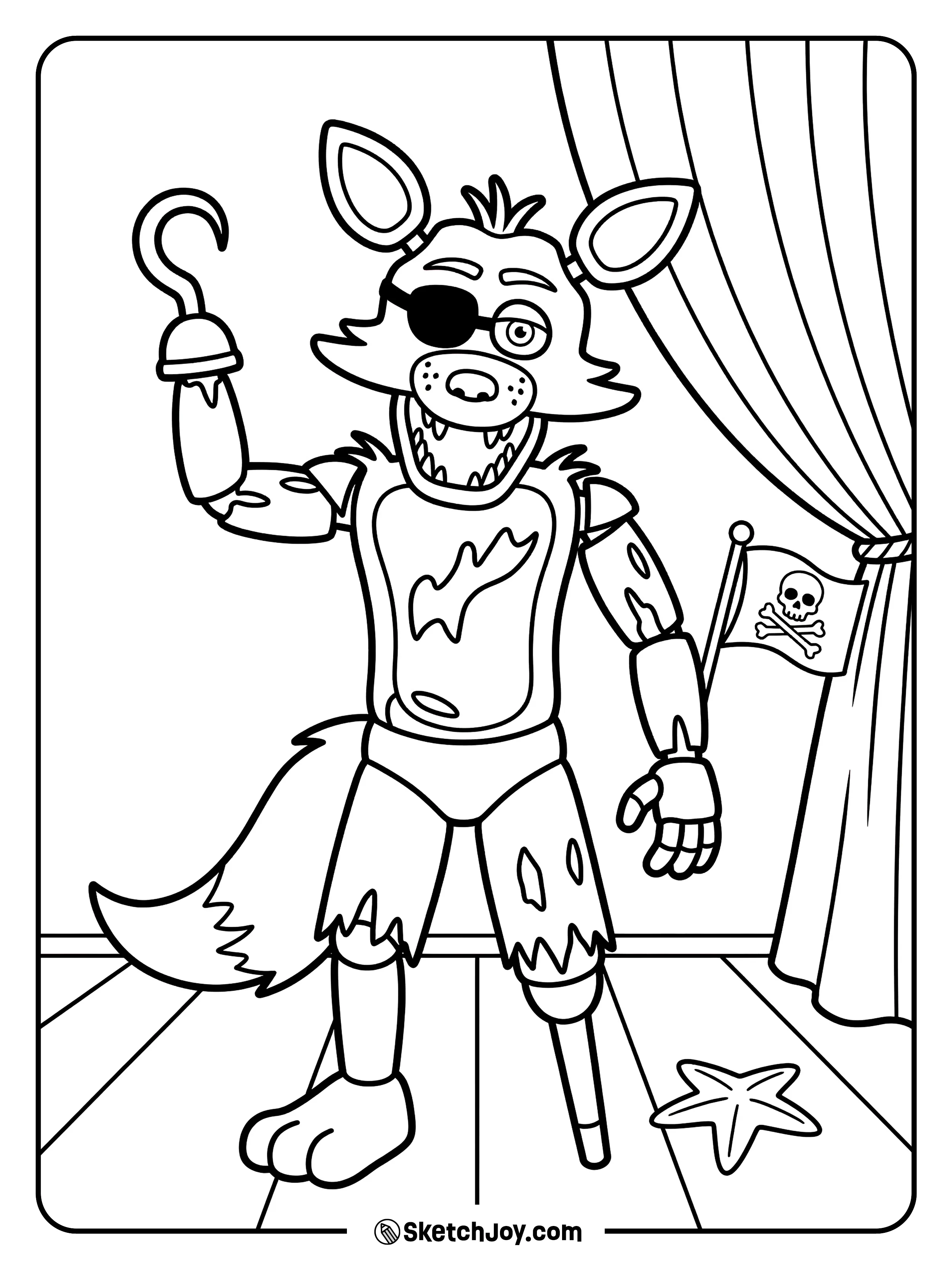 Foxy peeks out from Pirate Cove with a pirate flag and wooden floorboards.