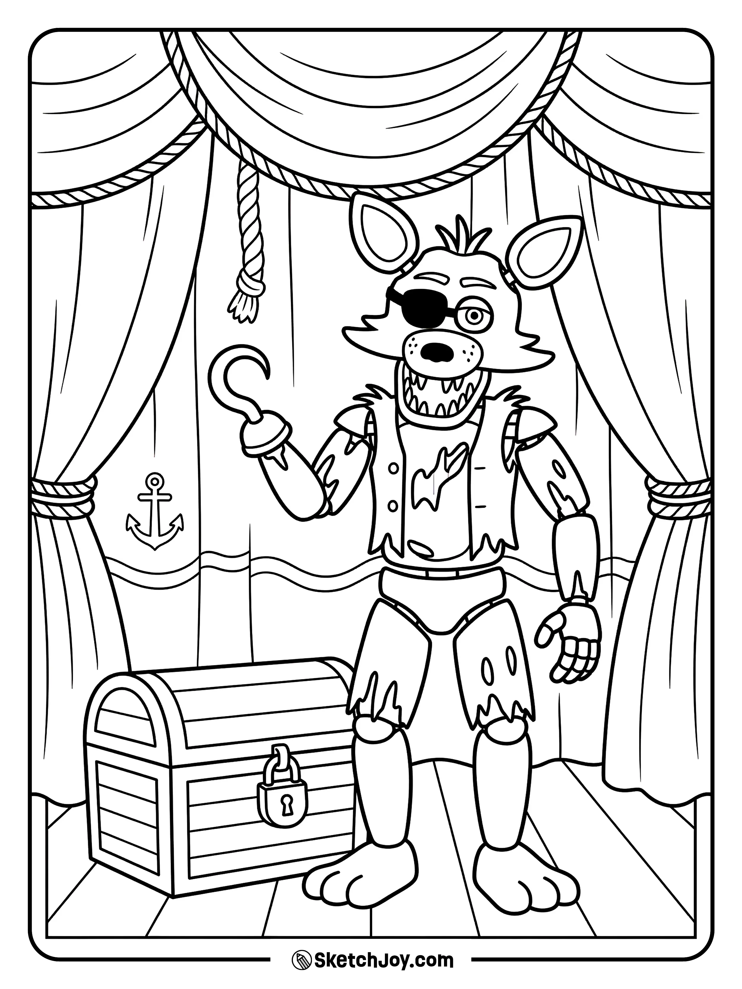 Foxy stands near a treasure chest in his pirate corner.