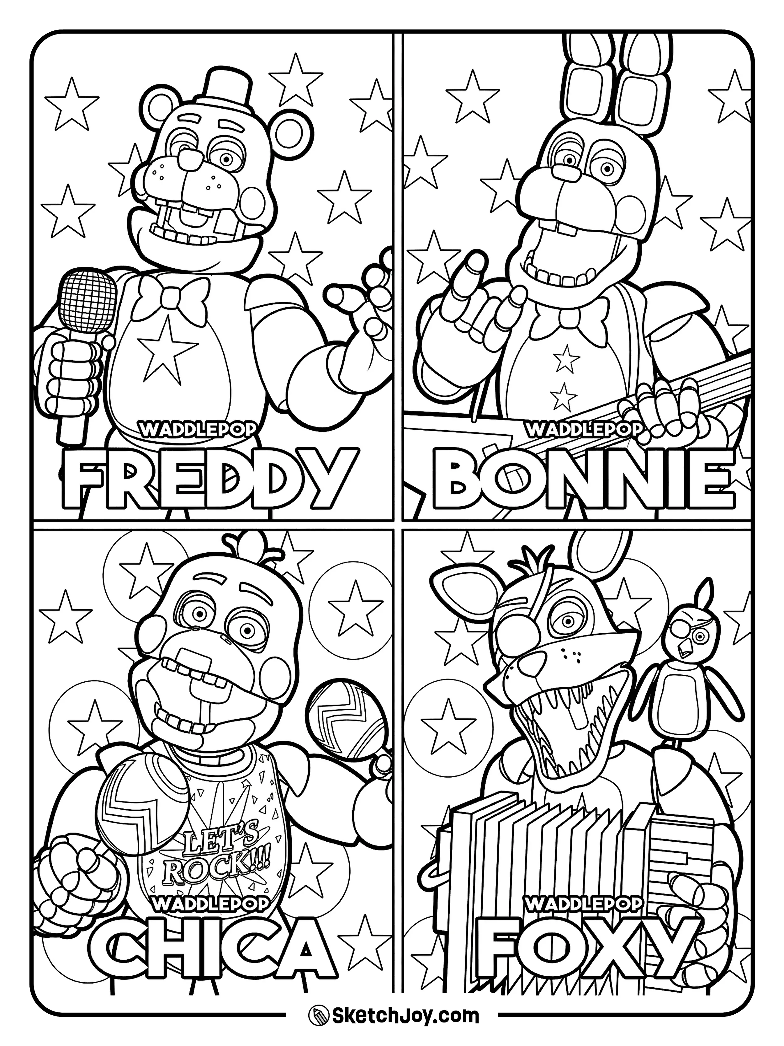 A four-part design shows each main band member in a bold and fun portrait.