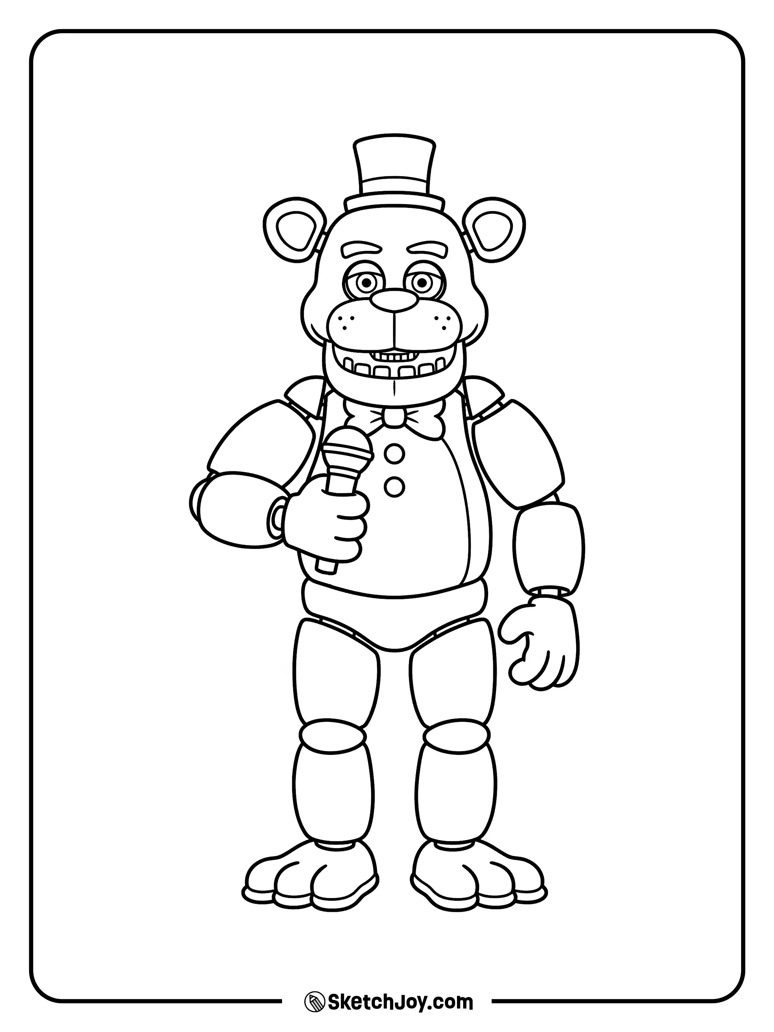 Freddy stands tall with his microphone and top hat.
