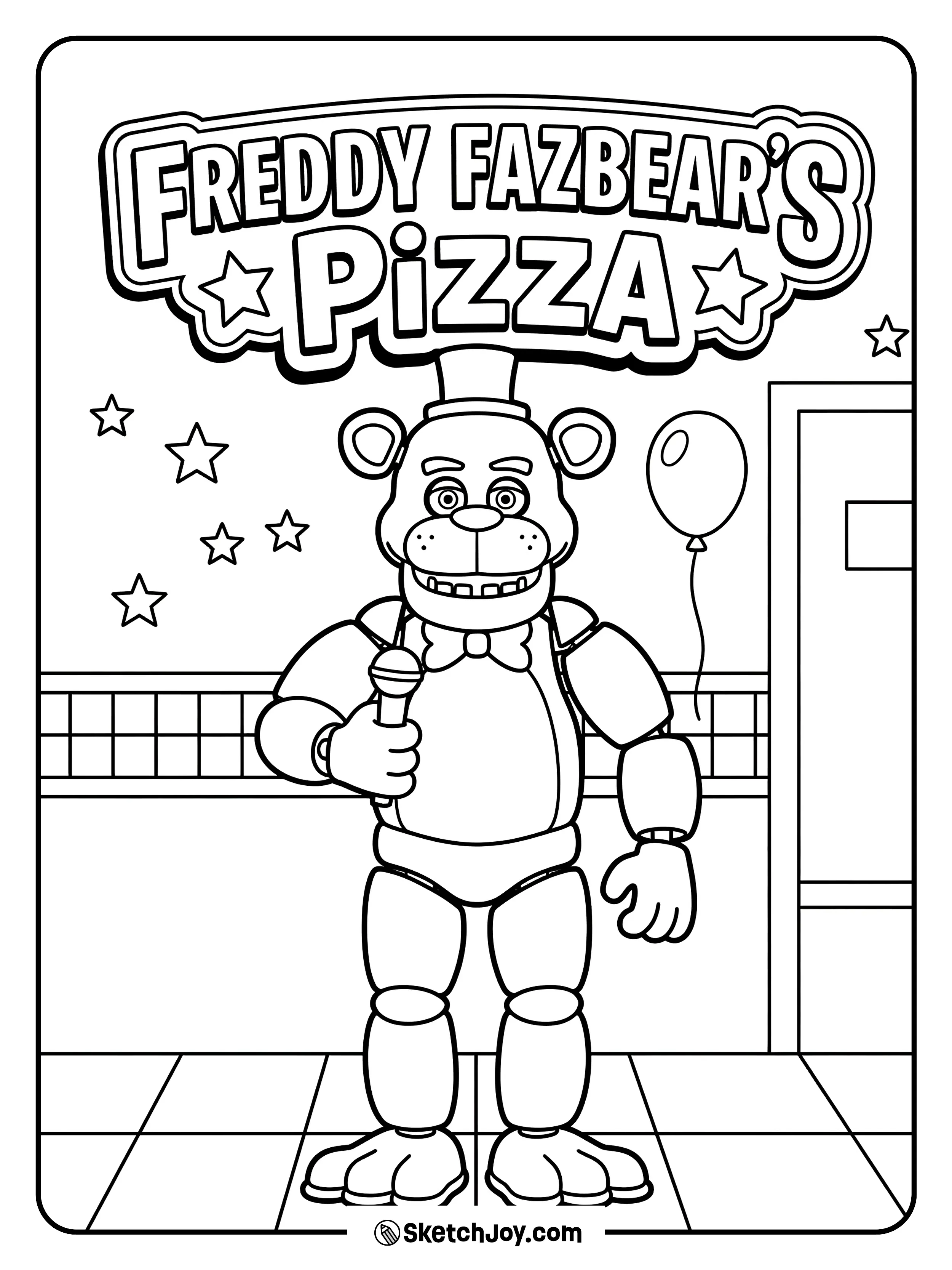 Freddy stands under a big pizza sign with stars around him.
