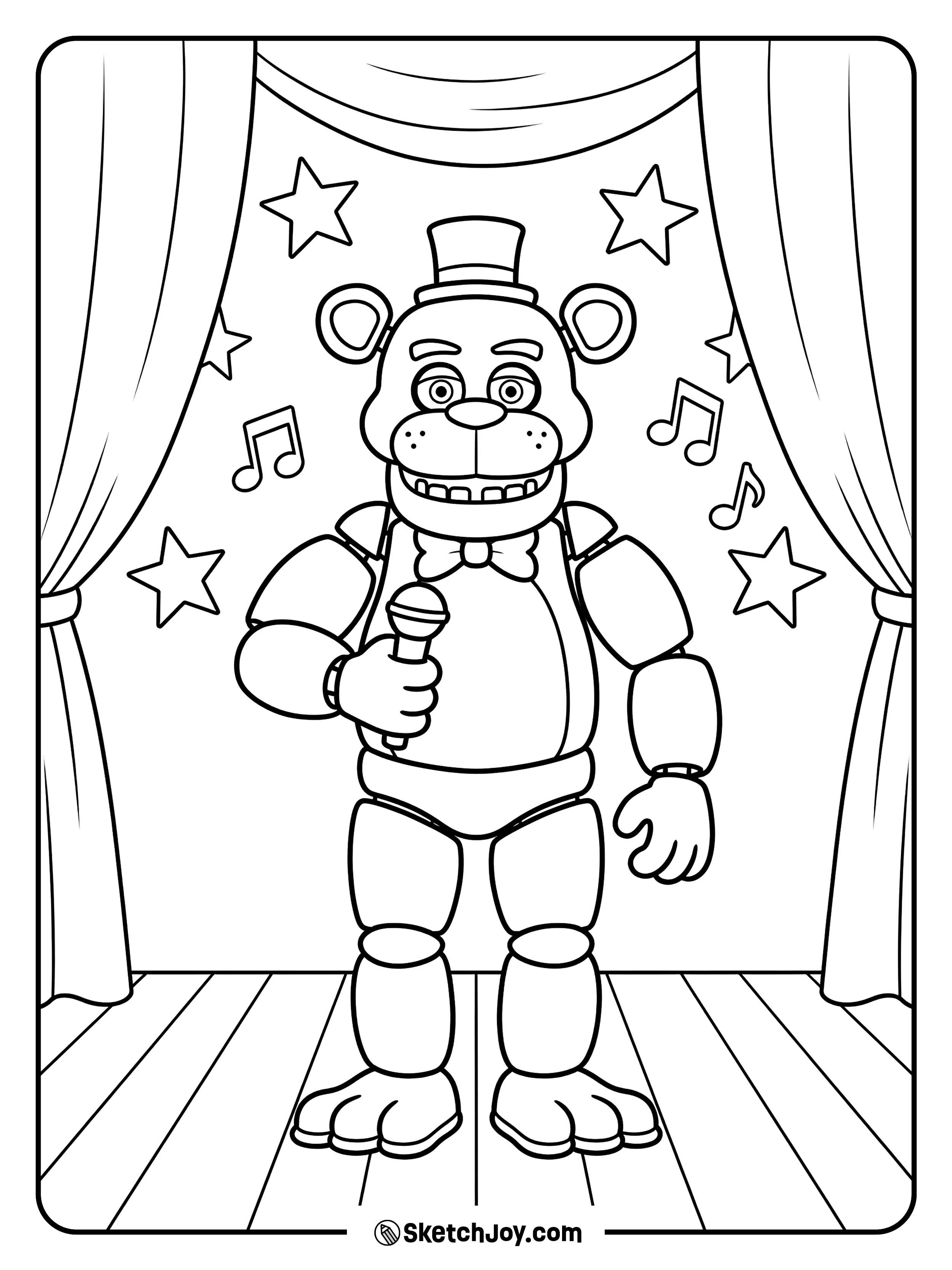 Freddy stands on stage with his microphone and a big star behind him.