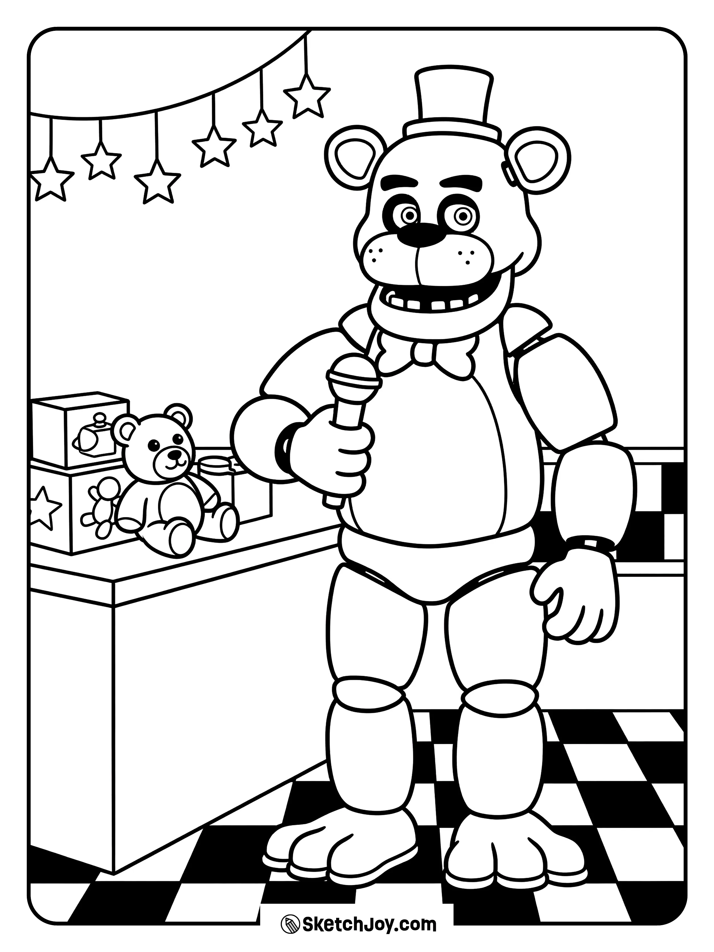 Freddy stands by the prize counter with a few toys and stars.