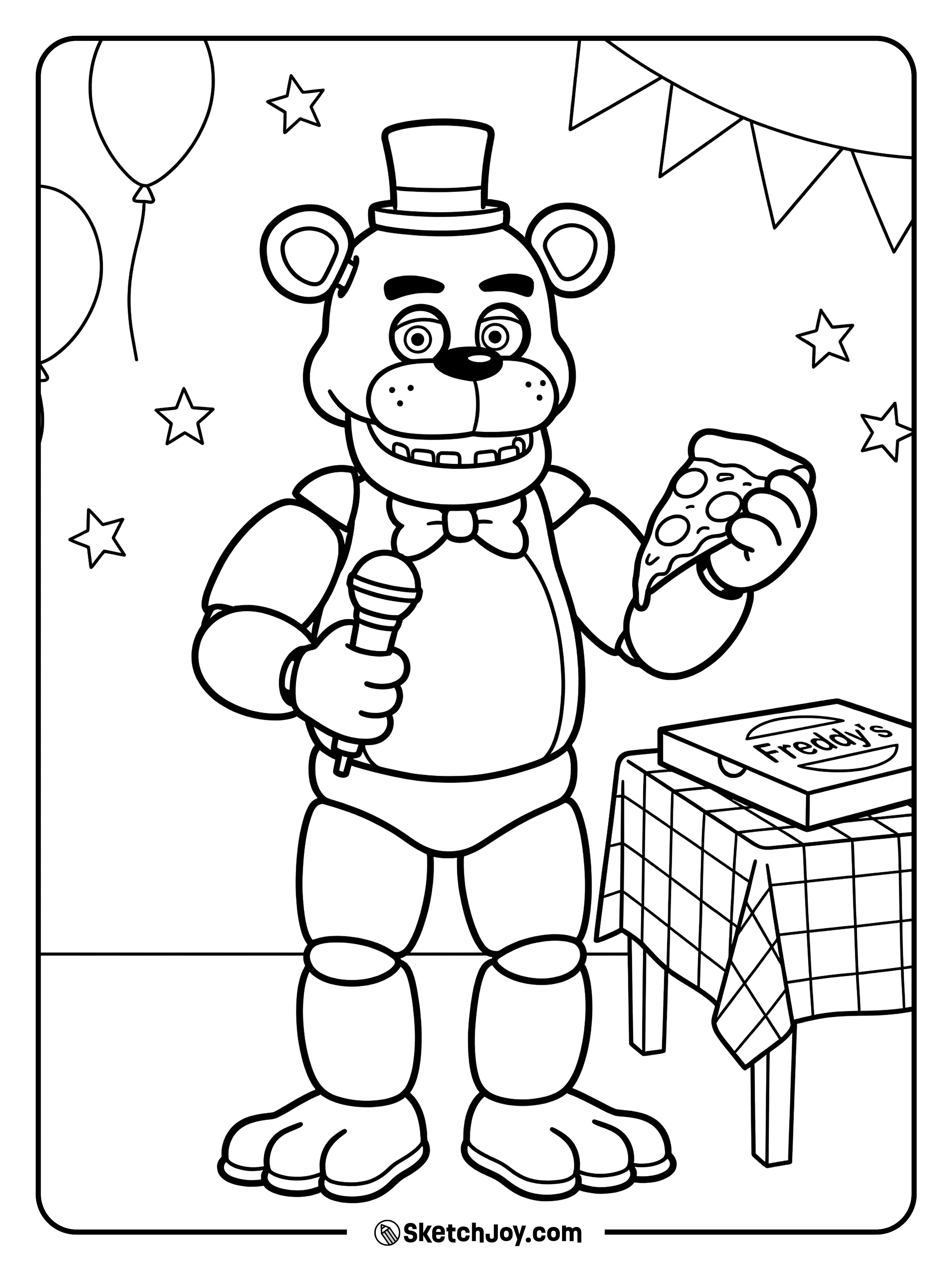 Freddy holds a pizza slice near a simple checkered table.