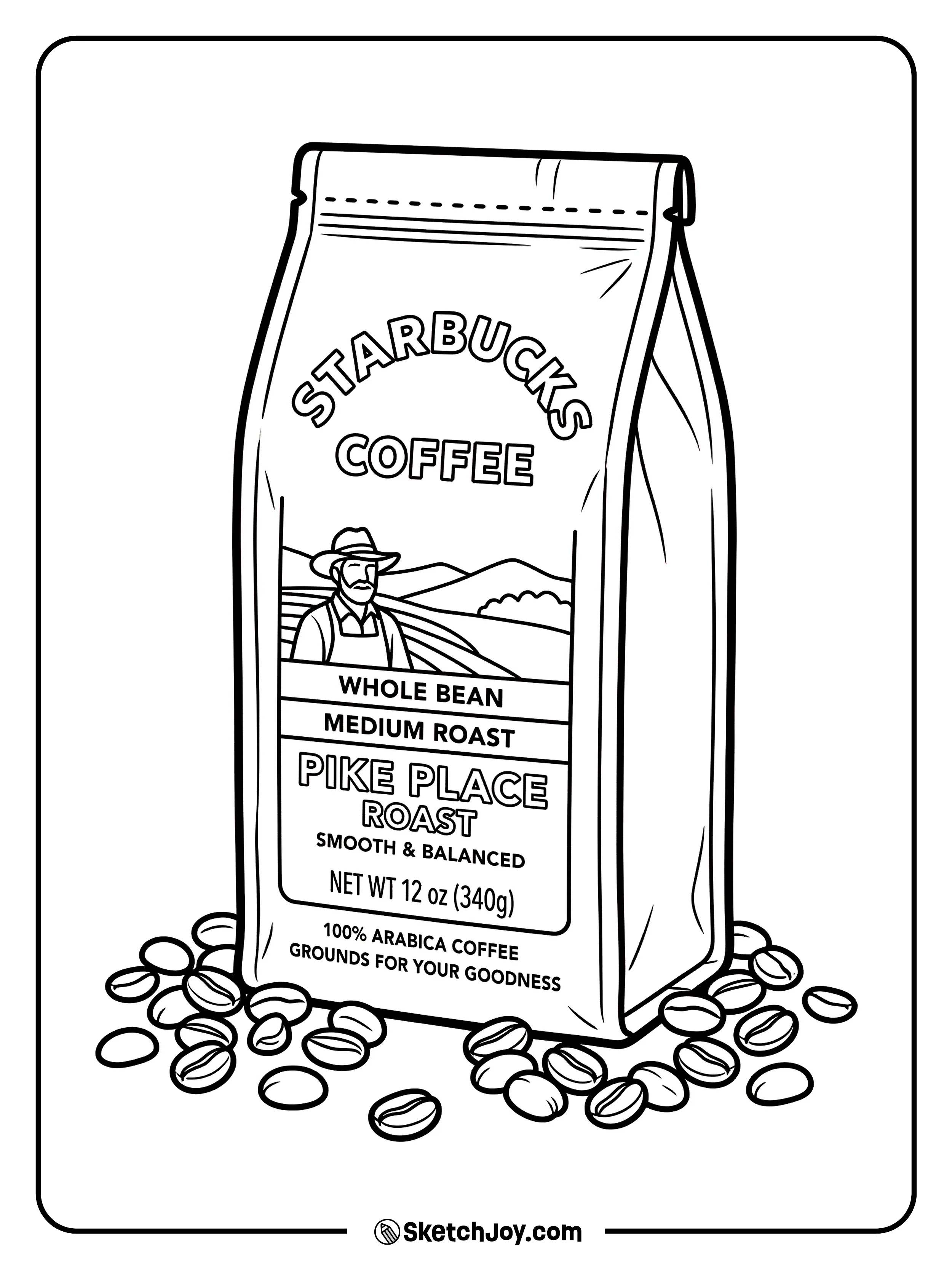 A bag of coffee beans with a few loose beans scattered around.