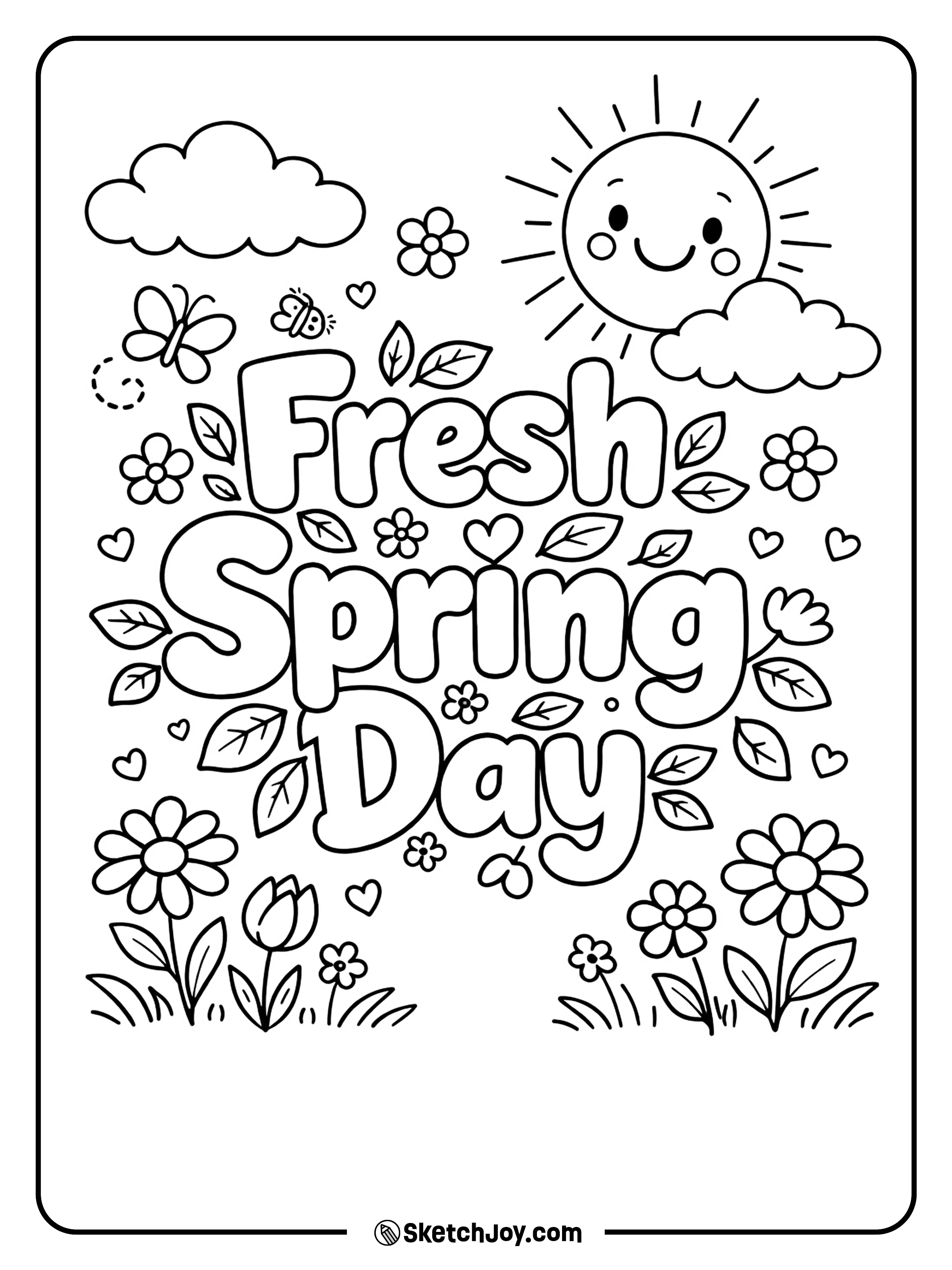 Bright spring words sit with sun, clouds, and flowers.