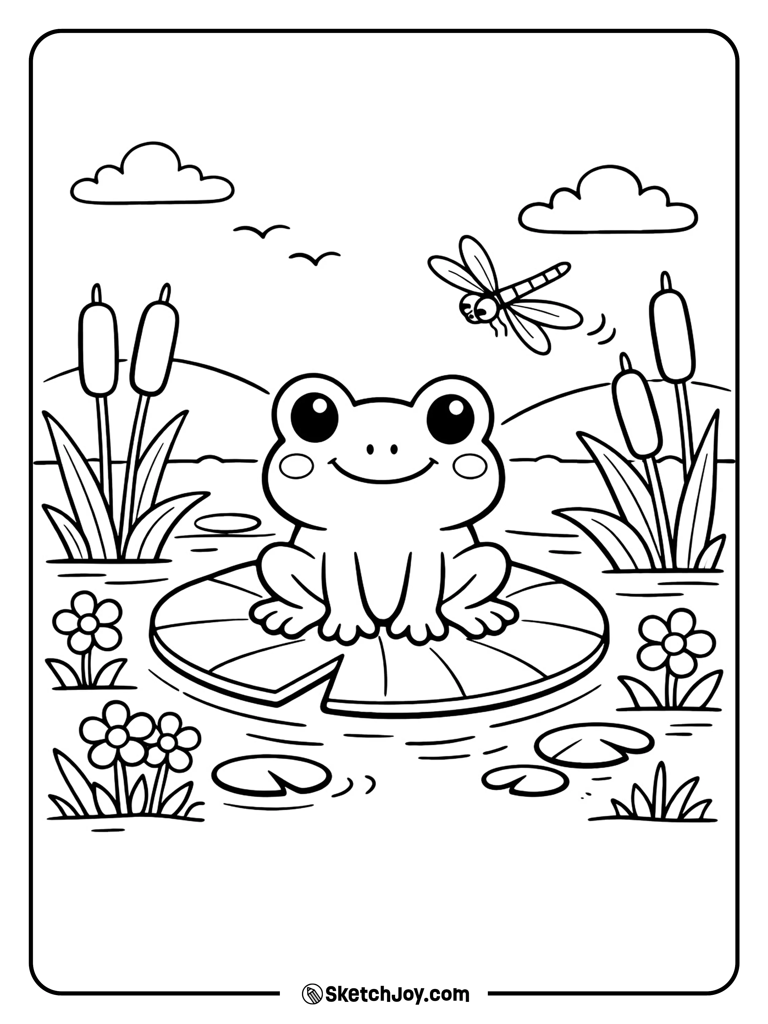 A happy frog sits in a pond with spring flowers nearby.