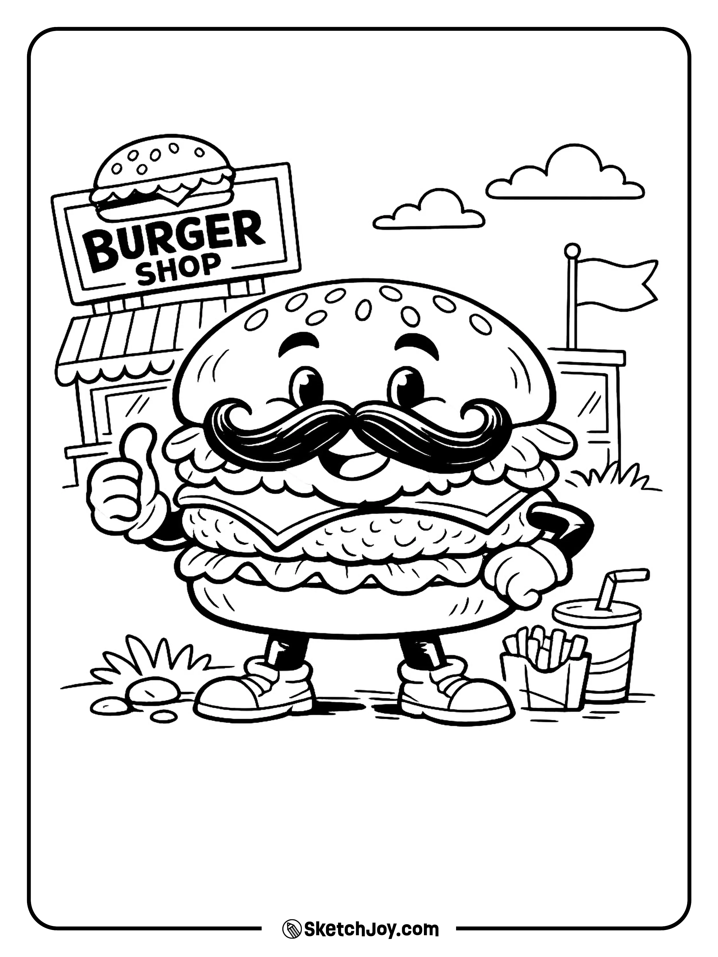 A silly burger with a curly mustache gives the page a goofy look.