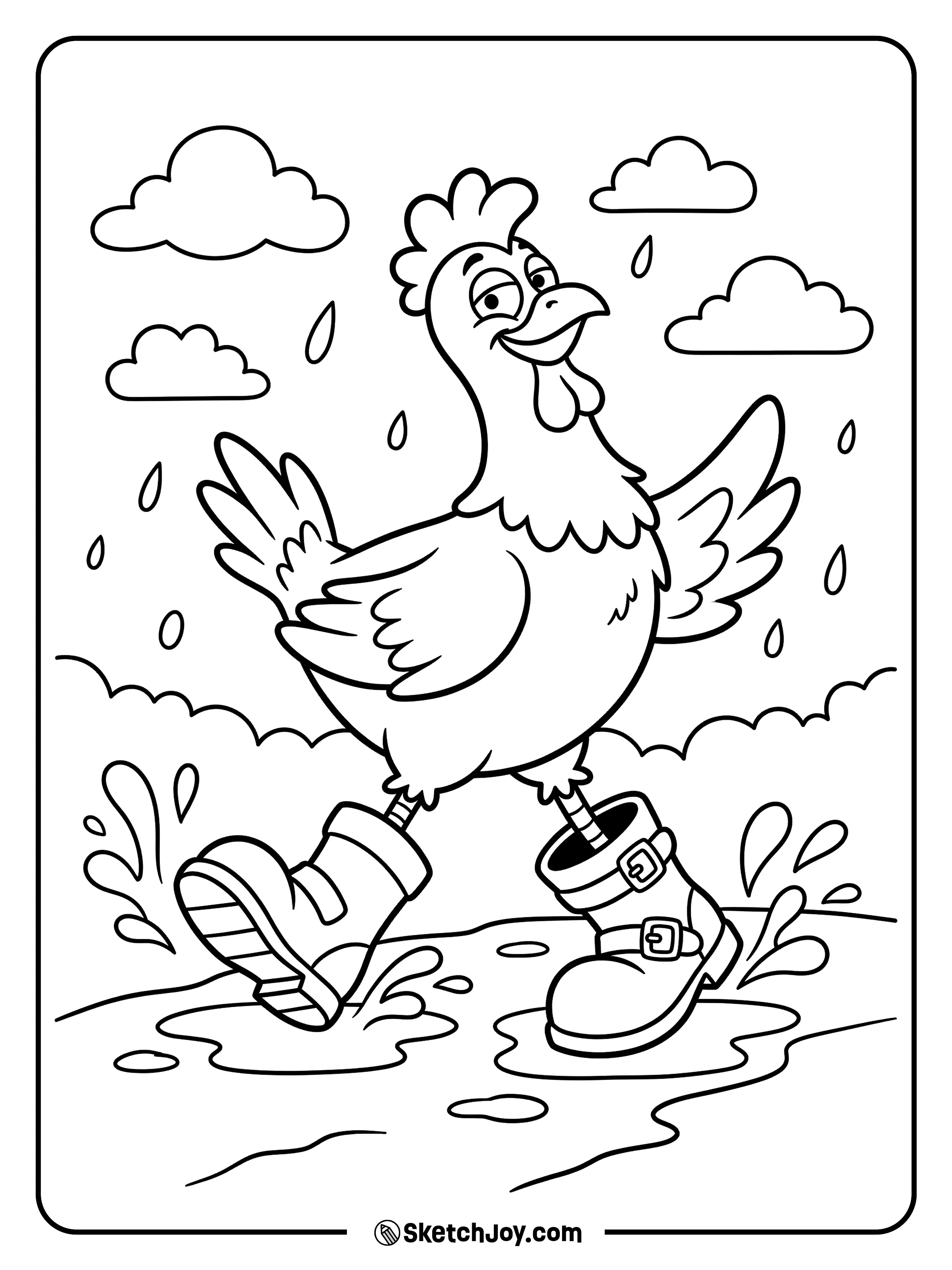 A silly chicken walks around in big rain boots with a playful look.