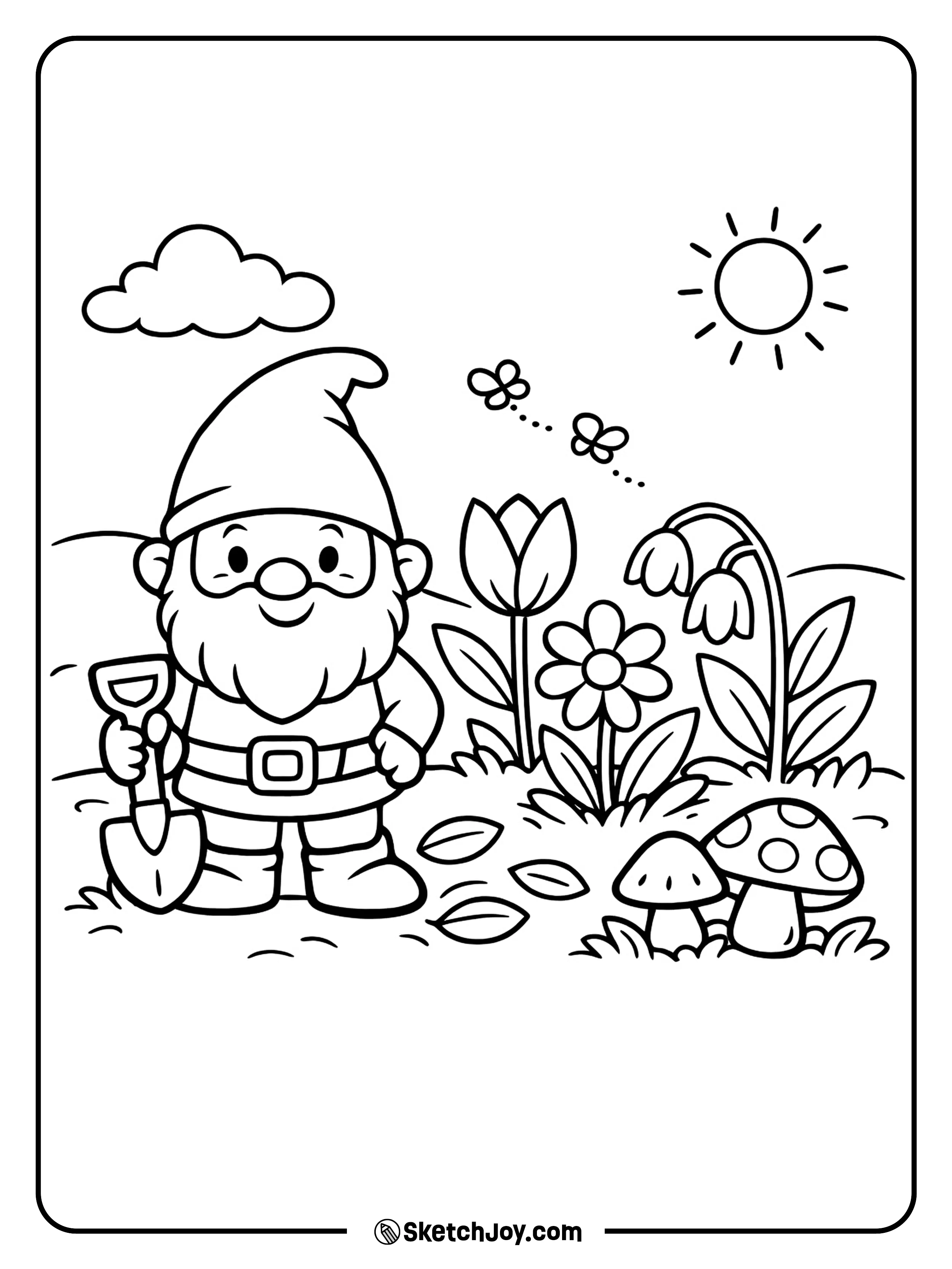 A garden gnome smiles beside mushrooms and flowers.