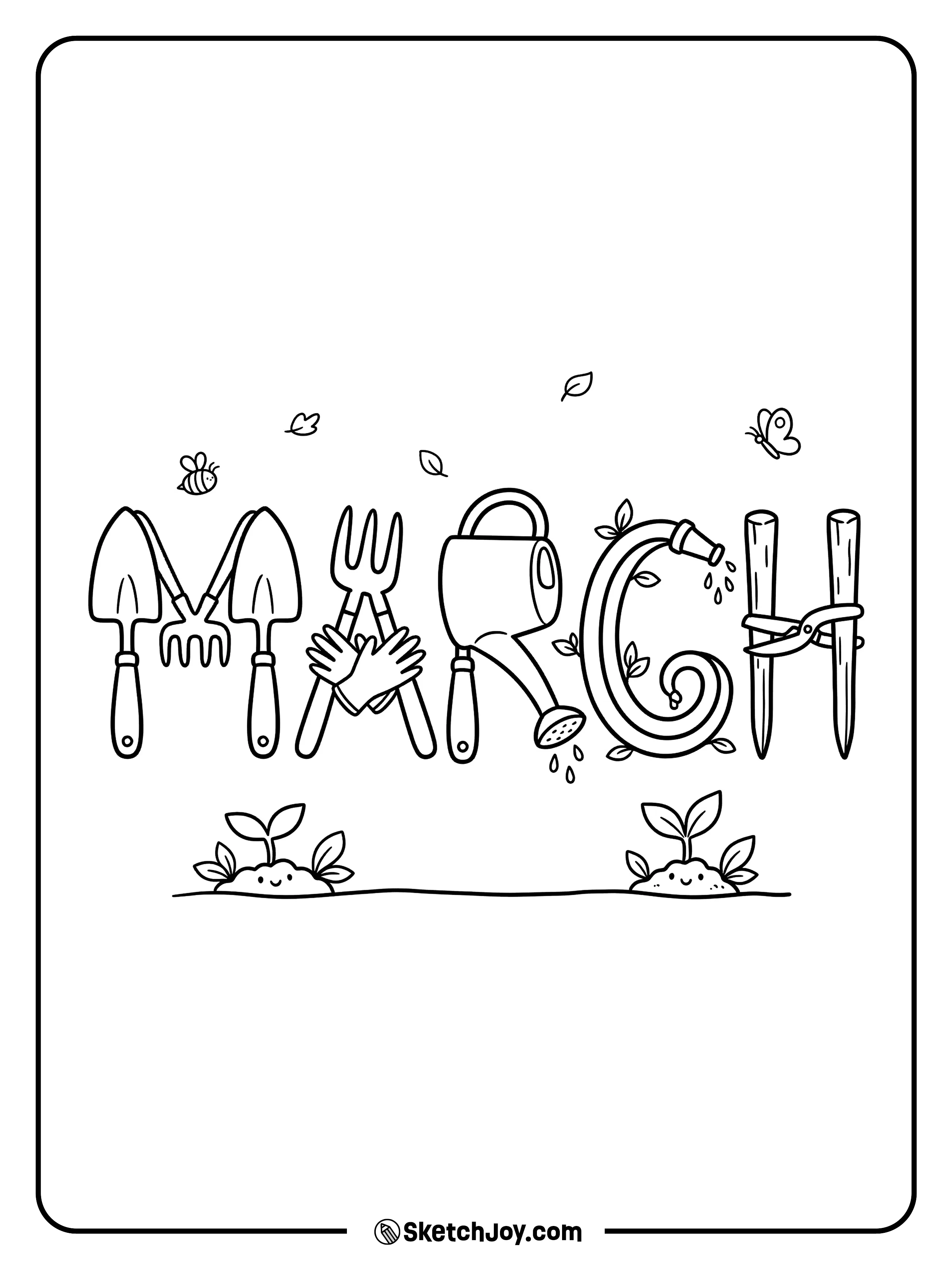 MARCH is built from a watering can, trowel, gloves, and seed packets.