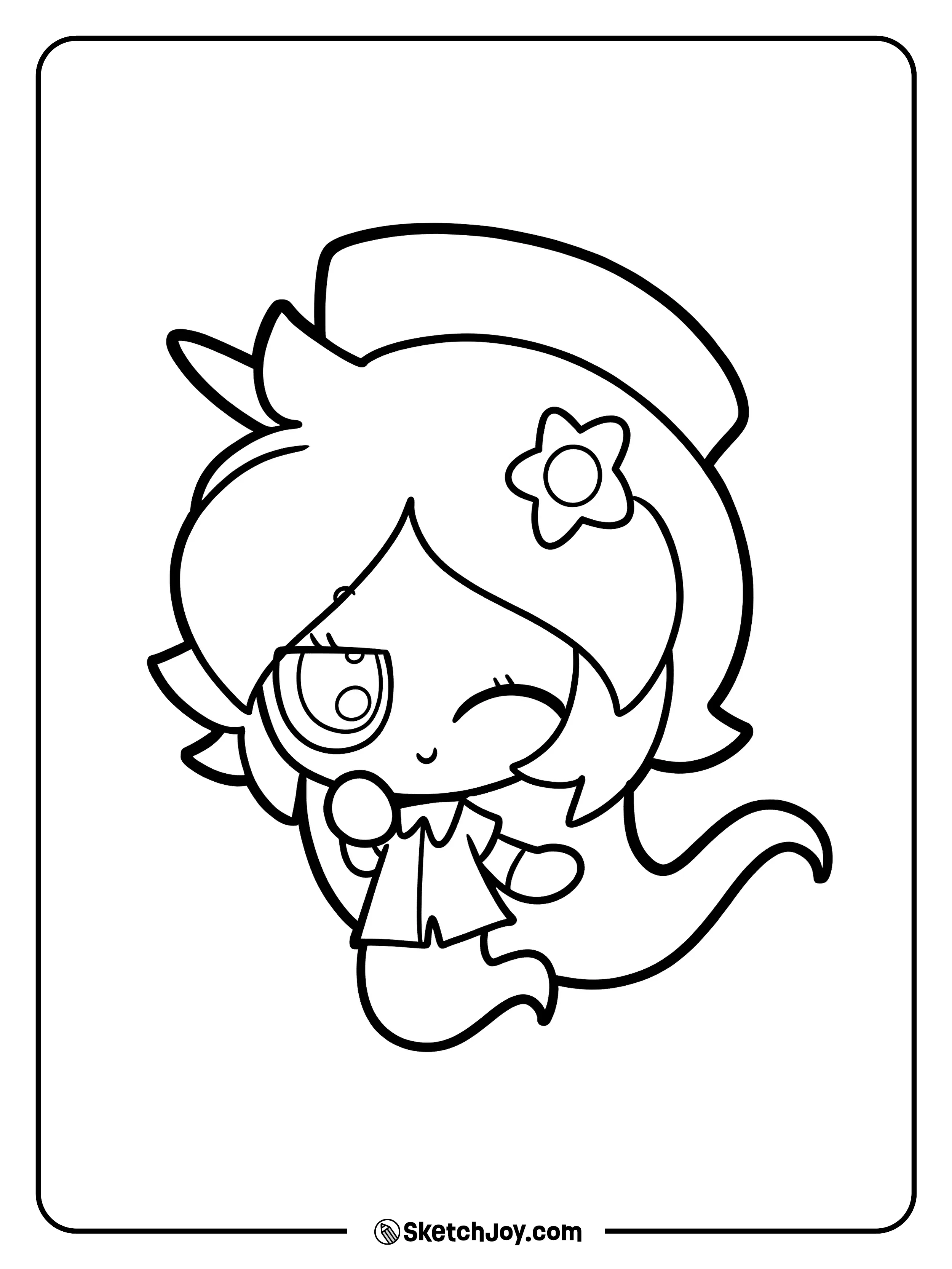 Connie floats with a wink and a flower in her hair.