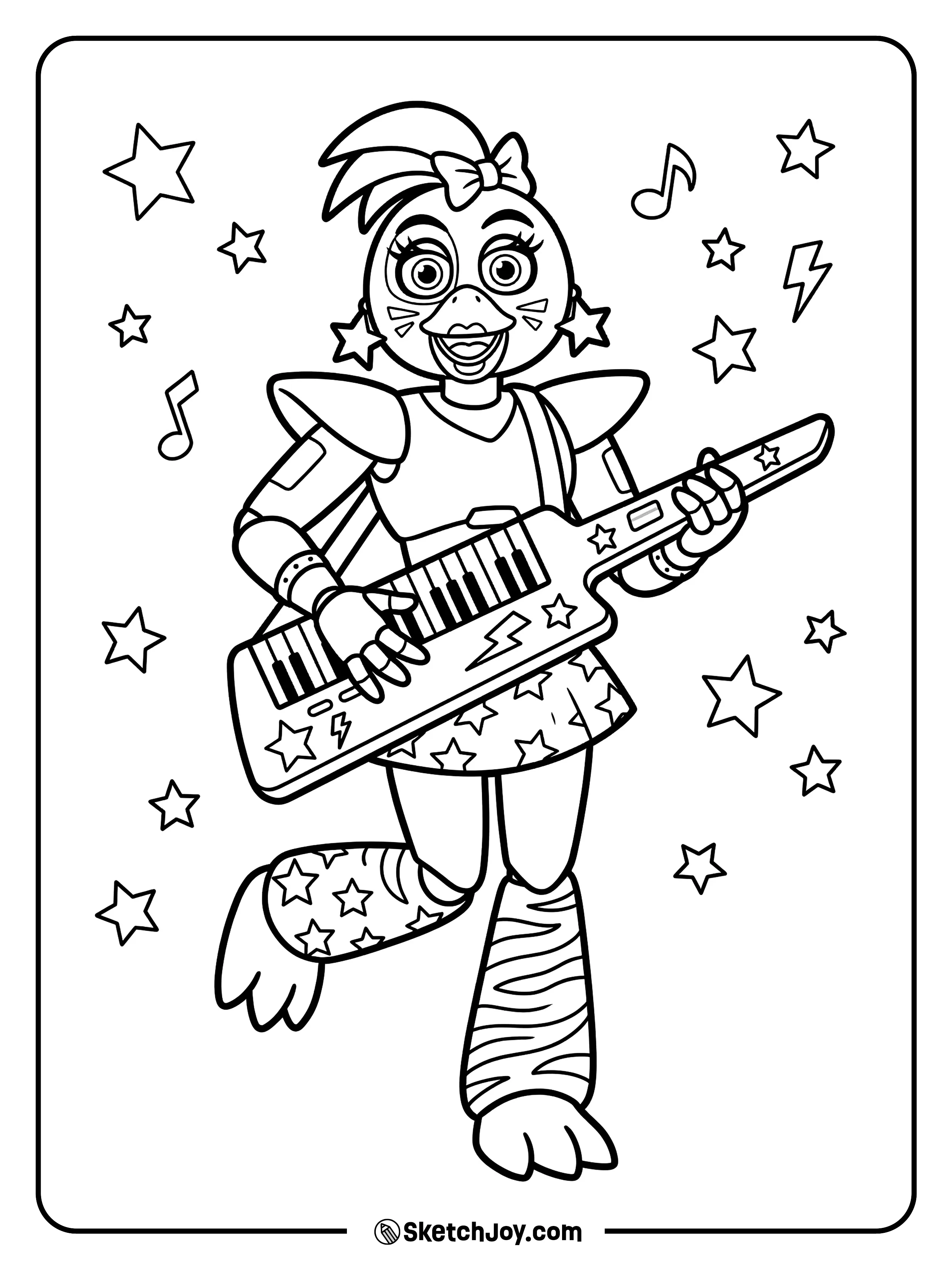 Glamrock Chica poses with her guitar and big star earrings.