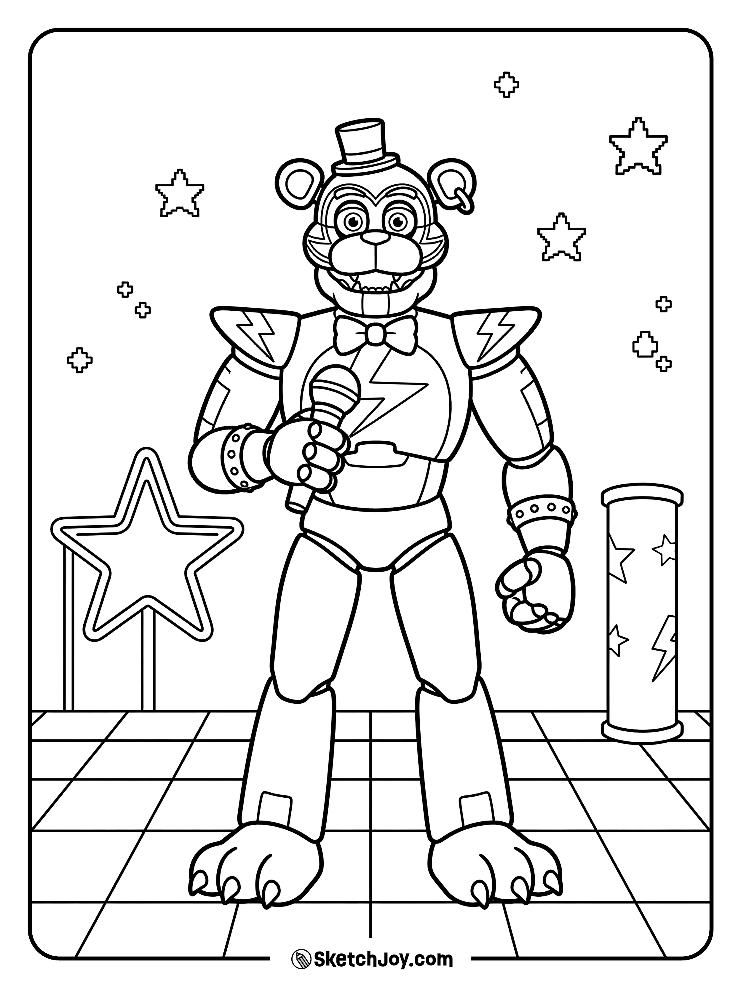 Glamrock Freddy stands in the Pizzaplex with stars and a simple neon sign.